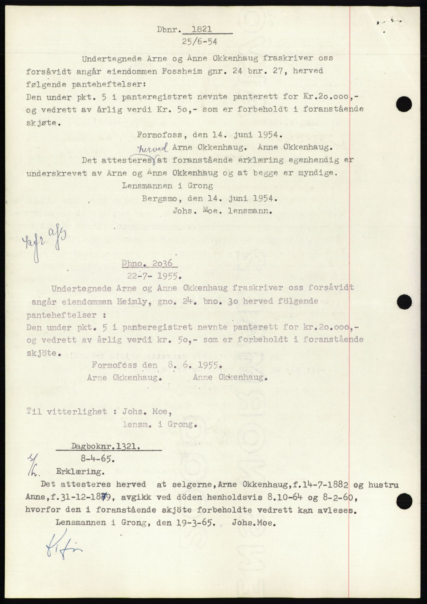 Namdal sorenskriveri, SAT/A-4133/1/2/2C: Pantebok nr. -, 1949-1949, Dagboknr: 1821/1949