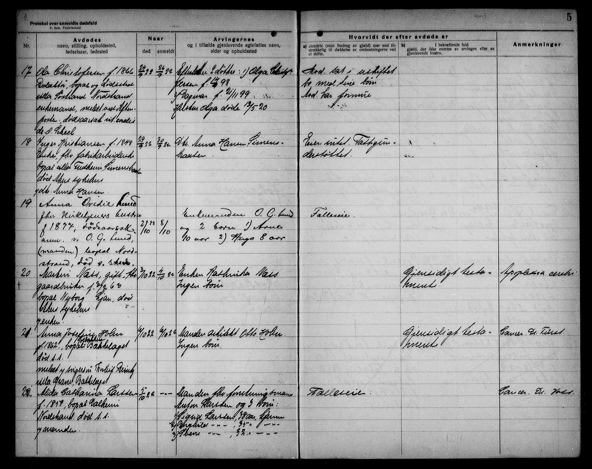 Aker kriminaldommer, skifte- og auksjonsforvalterembete, AV/SAO-A-10452/H/Hb/Hba/Hbad/L0001: Dødsfallsprotokoll for Nordstrand, 1922-1929, s. 5