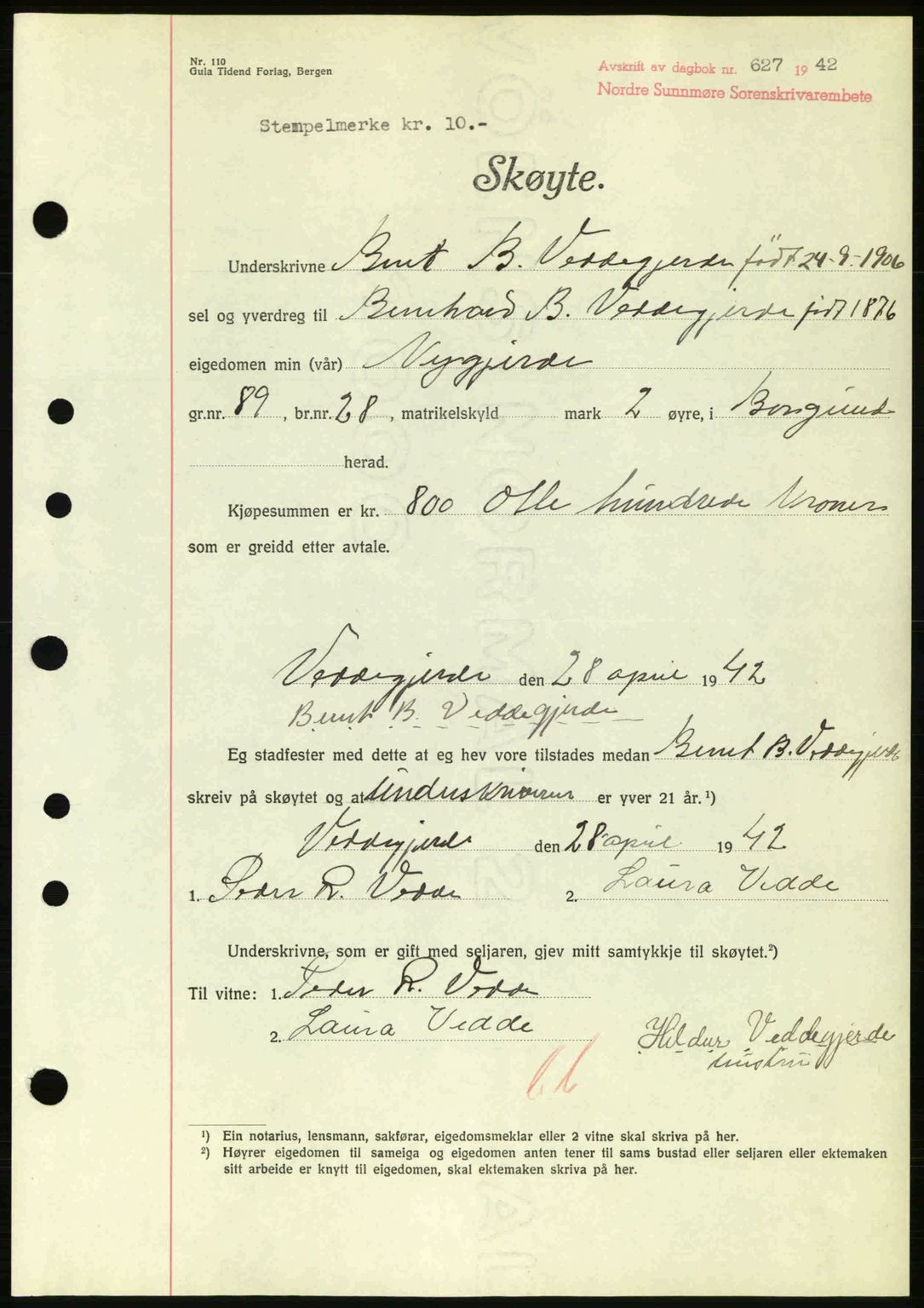 Nordre Sunnmøre sorenskriveri, SAT/A-0006/1/2/2C/2Ca: Pantebok nr. A13, 1942-1942, Dagboknr: 627/1942