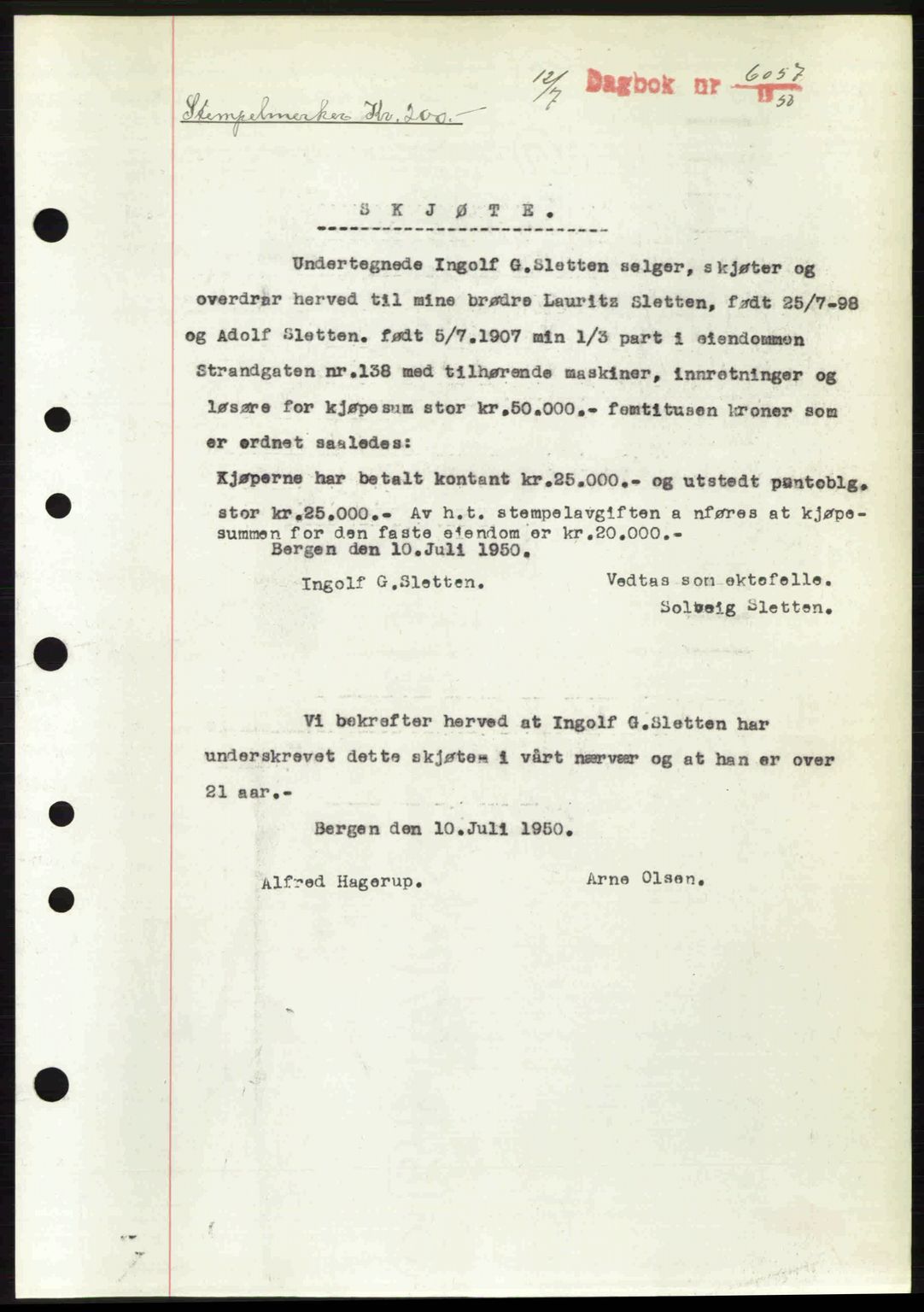 Byfogd og Byskriver i Bergen, AV/SAB-A-3401/03/03Bc/L0033: Pantebok nr. A26-27, 1950-1950, Dagboknr: 6057/1950