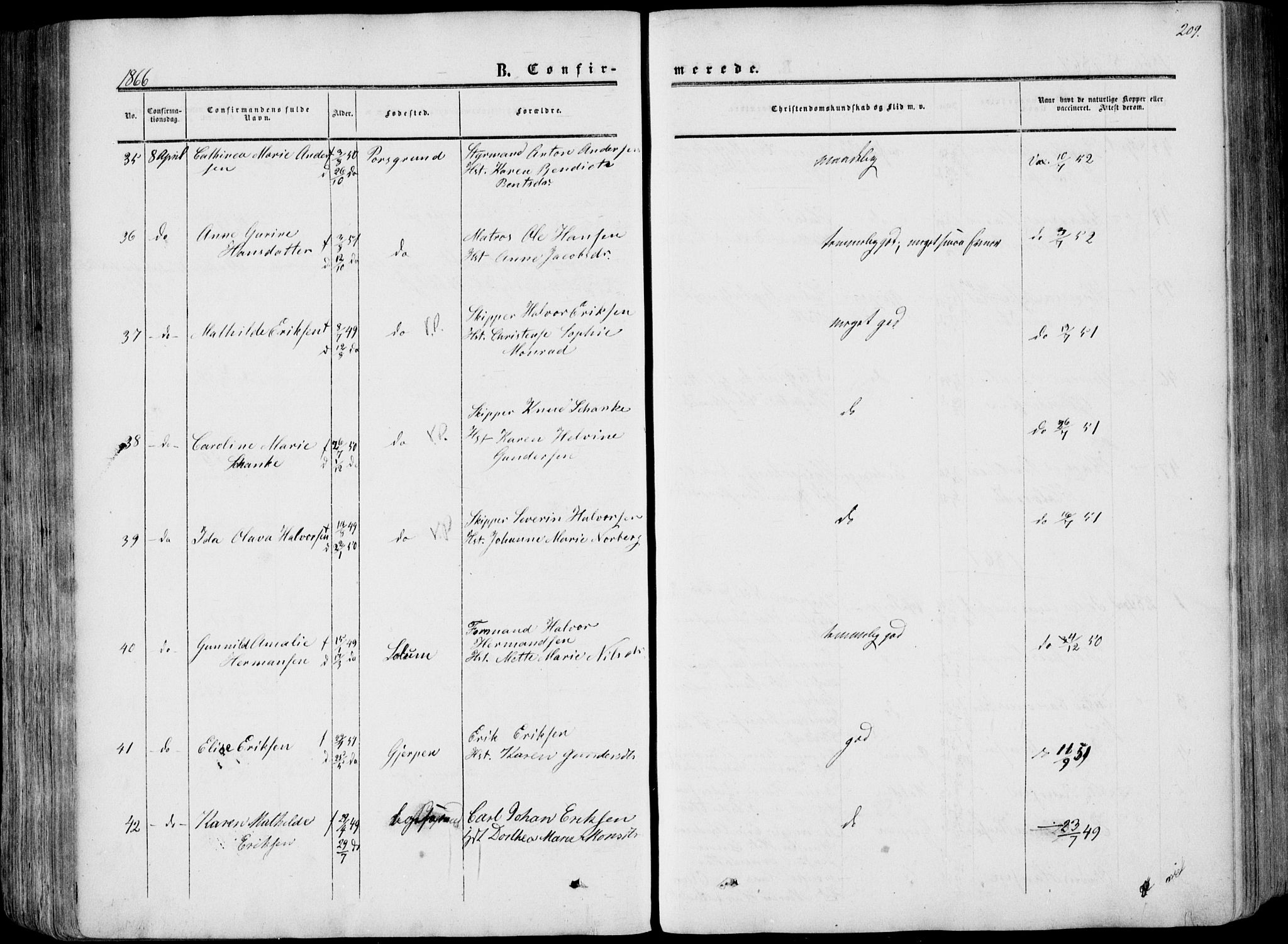 Porsgrunn kirkebøker , AV/SAKO-A-104/F/Fa/L0007: Ministerialbok nr. 7, 1858-1877, s. 209