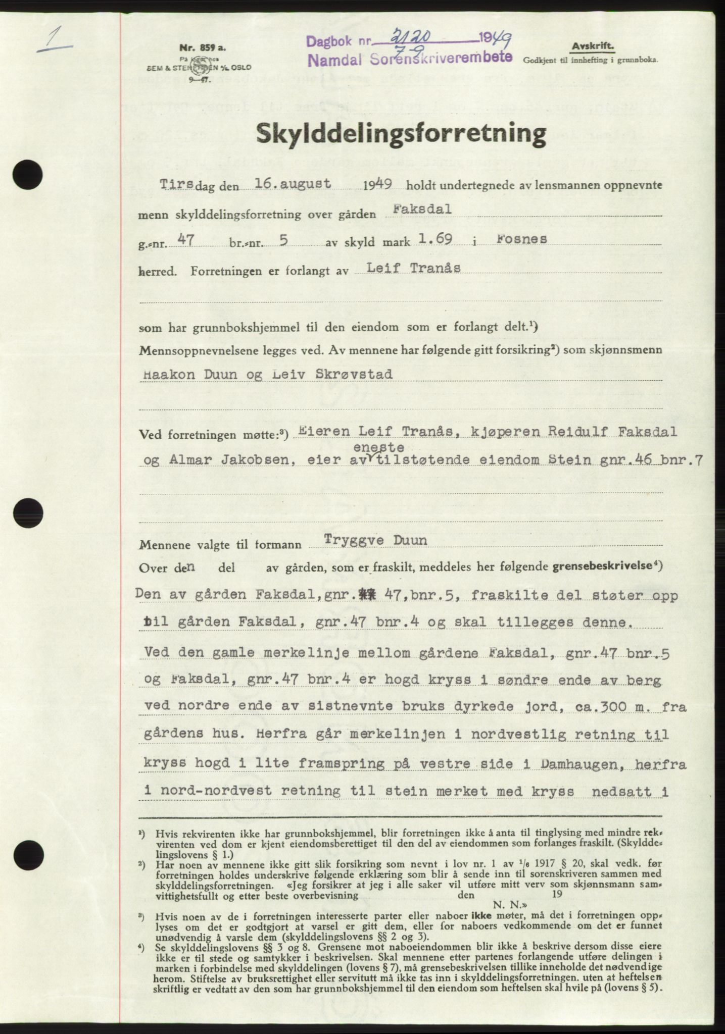 Namdal sorenskriveri, SAT/A-4133/1/2/2C: Pantebok nr. -, 1949-1949, Dagboknr: 2120/1949