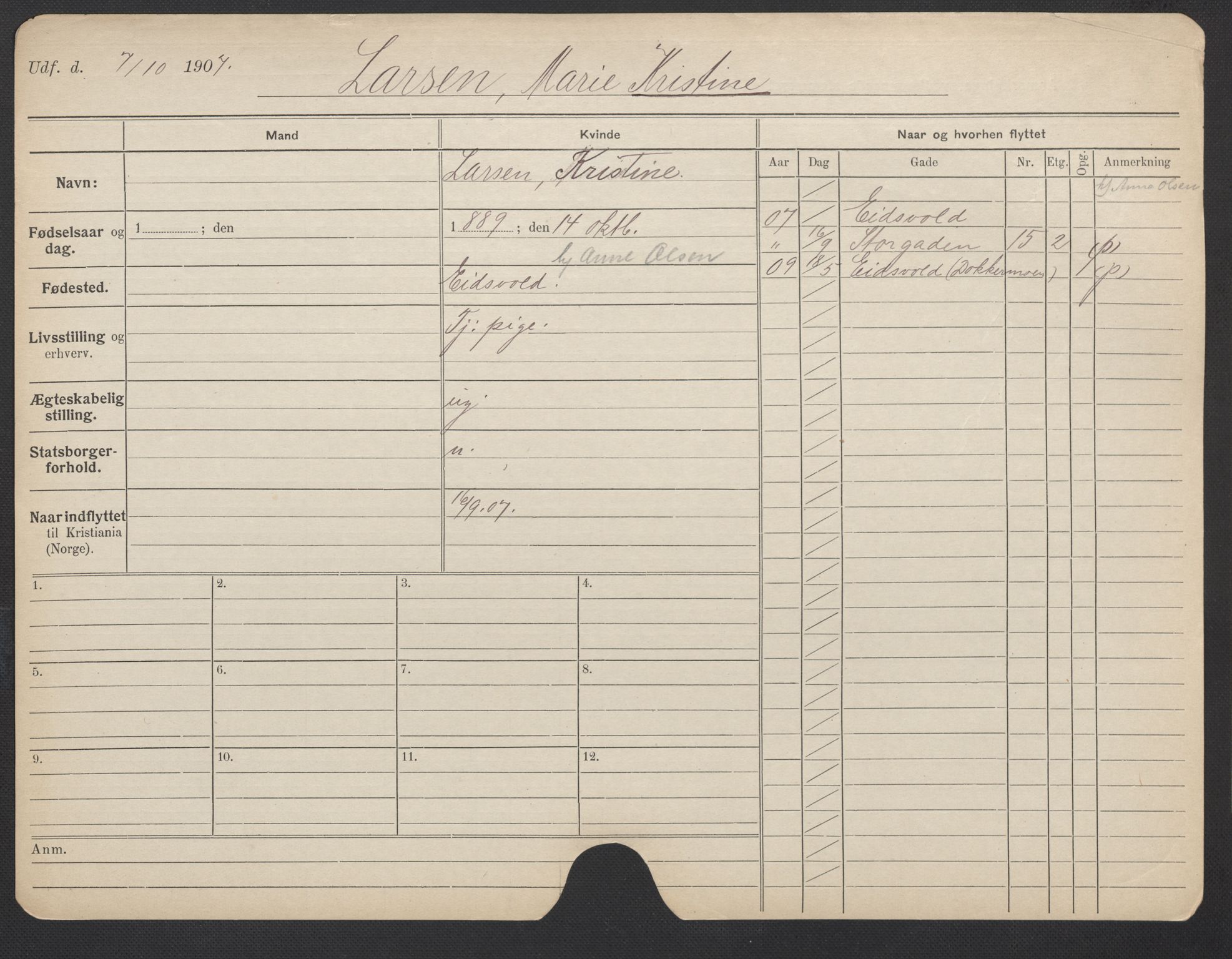 Oslo folkeregister, Registerkort, AV/SAO-A-11715/F/Fa/Fac/L0019: Kvinner, 1906-1914, s. 1022a