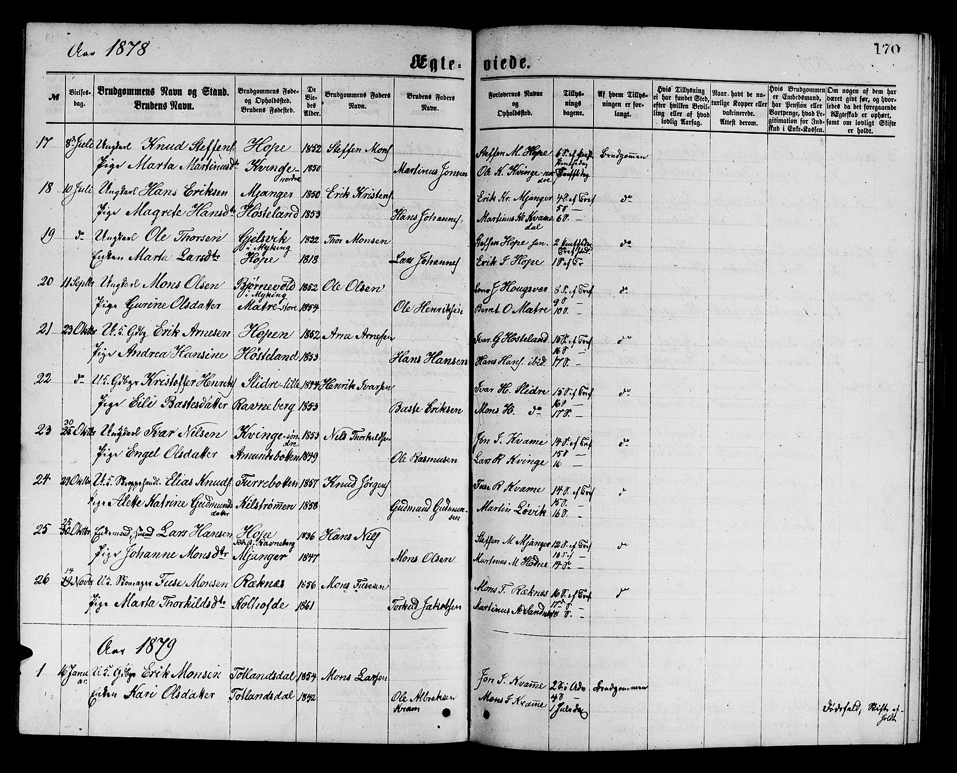 Masfjorden Sokneprestembete, SAB/A-77001: Klokkerbok nr. A 2, 1876-1891, s. 170