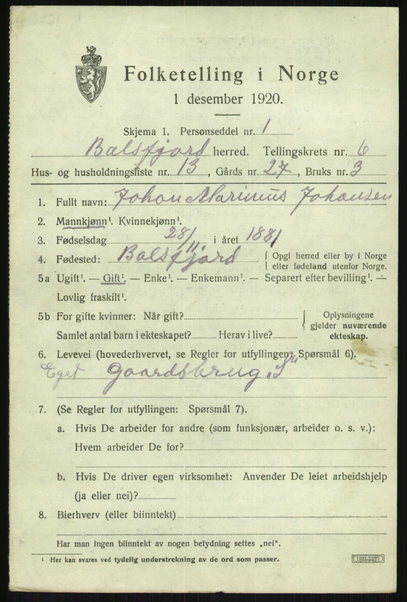 SATØ, Folketelling 1920 for 1933 Balsfjord herred, 1920, s. 3860