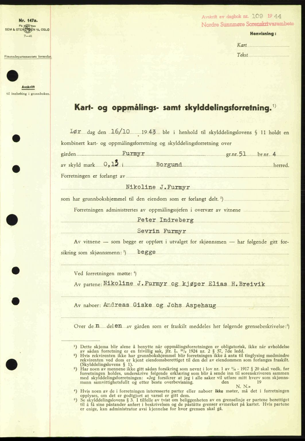 Nordre Sunnmøre sorenskriveri, AV/SAT-A-0006/1/2/2C/2Ca: Pantebok nr. A17, 1943-1944, Dagboknr: 109/1944