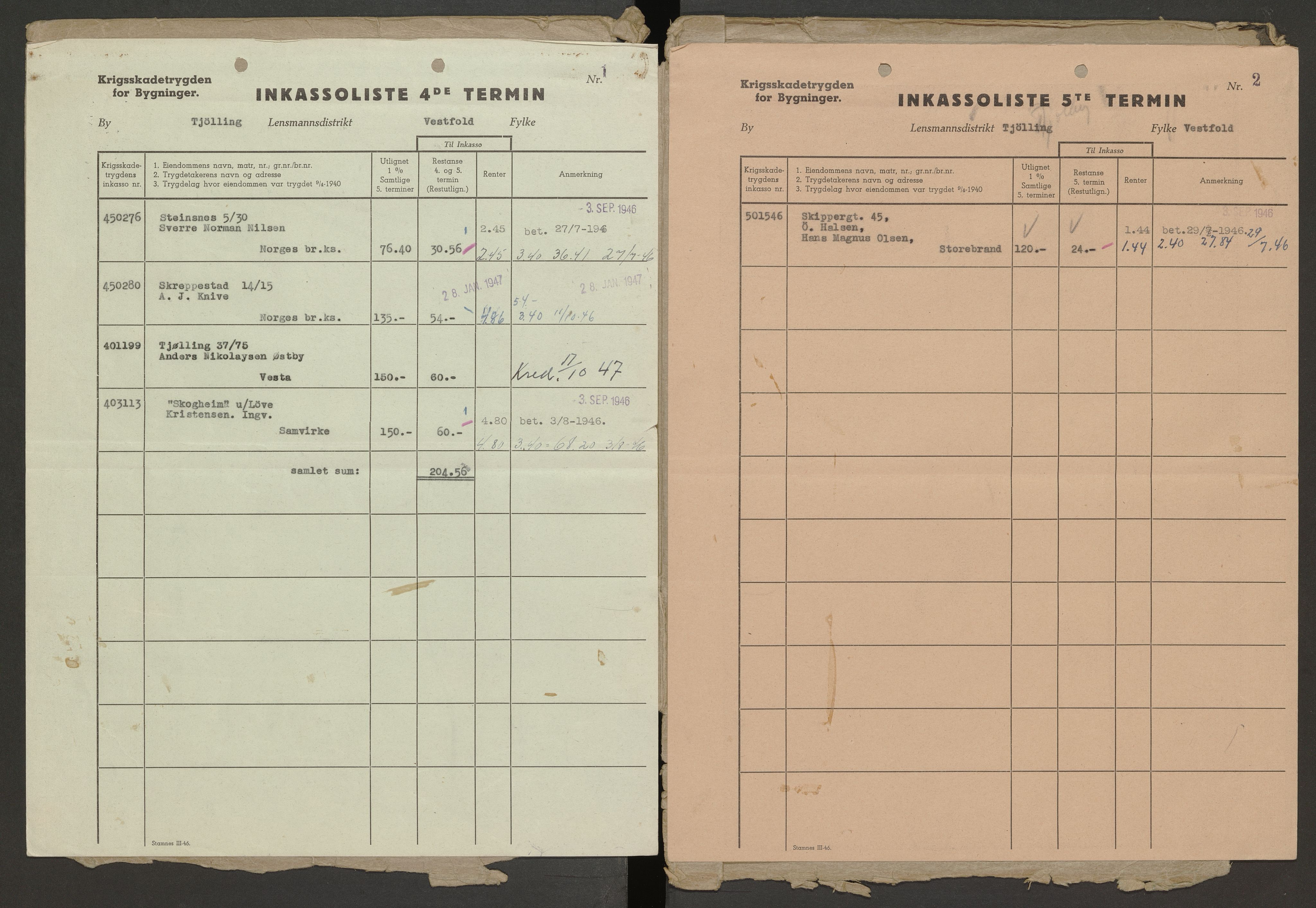 Tjølling lensmannskontor, AV/SAKO-A-16/Y/Yb/Ybb/L0009/0002: Branntakstprotokoll / Krigstrygdutligning for bygninger, 1940-1947