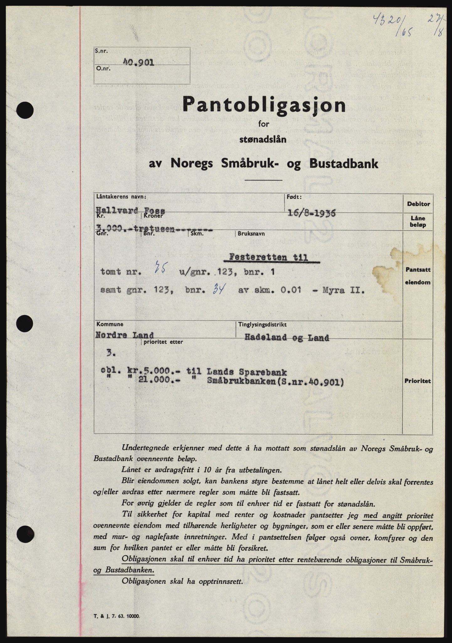 Hadeland og Land tingrett, SAH/TING-010/H/Hb/Hbc/L0060: Pantebok nr. B60, 1965-1965, Dagboknr: 4320/1965