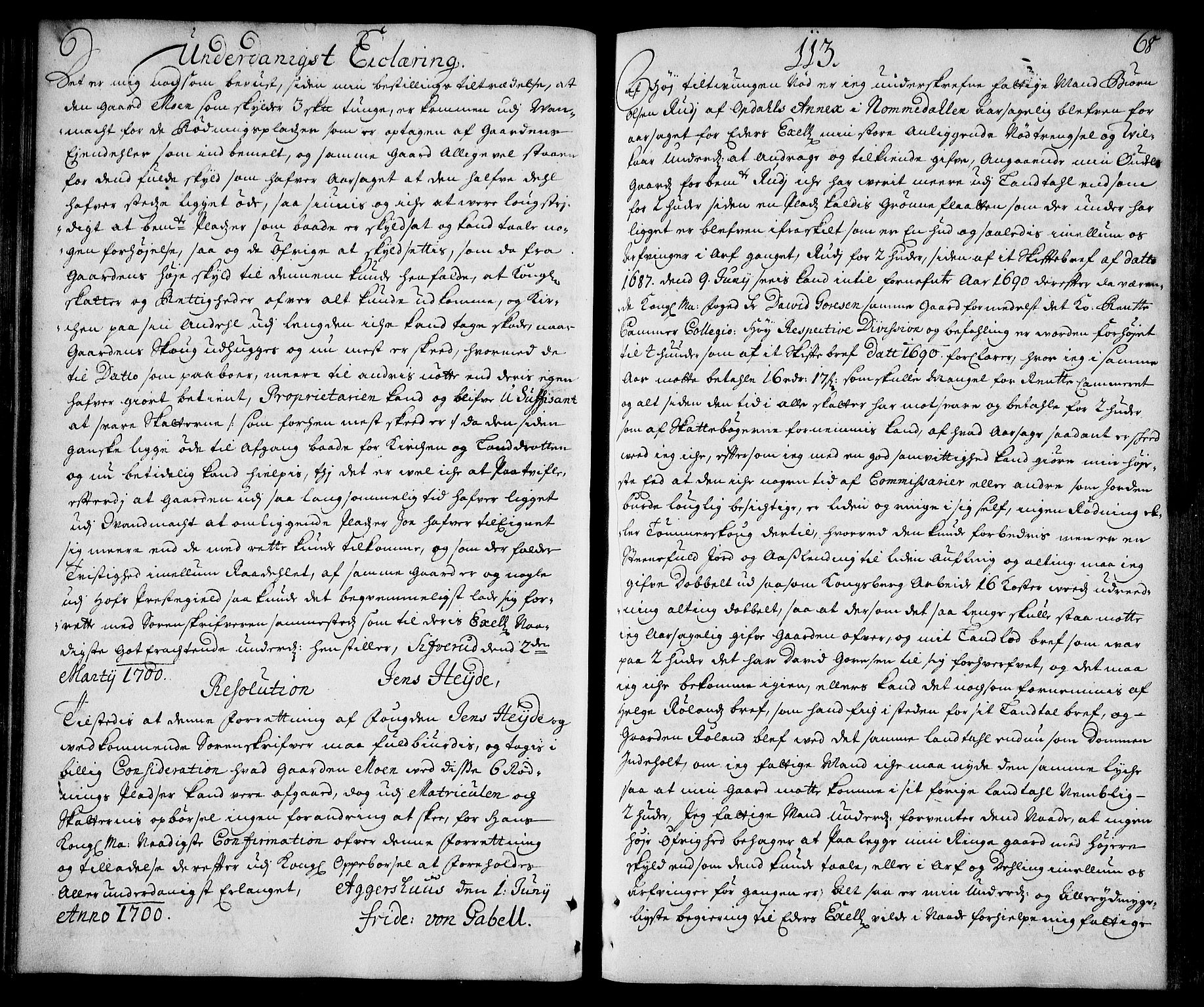 Stattholderembetet 1572-1771, AV/RA-EA-2870/Ad/L0006: Supplikasjons- og resolusjonsprotokoll, 1699-1706, s. 67b-68a