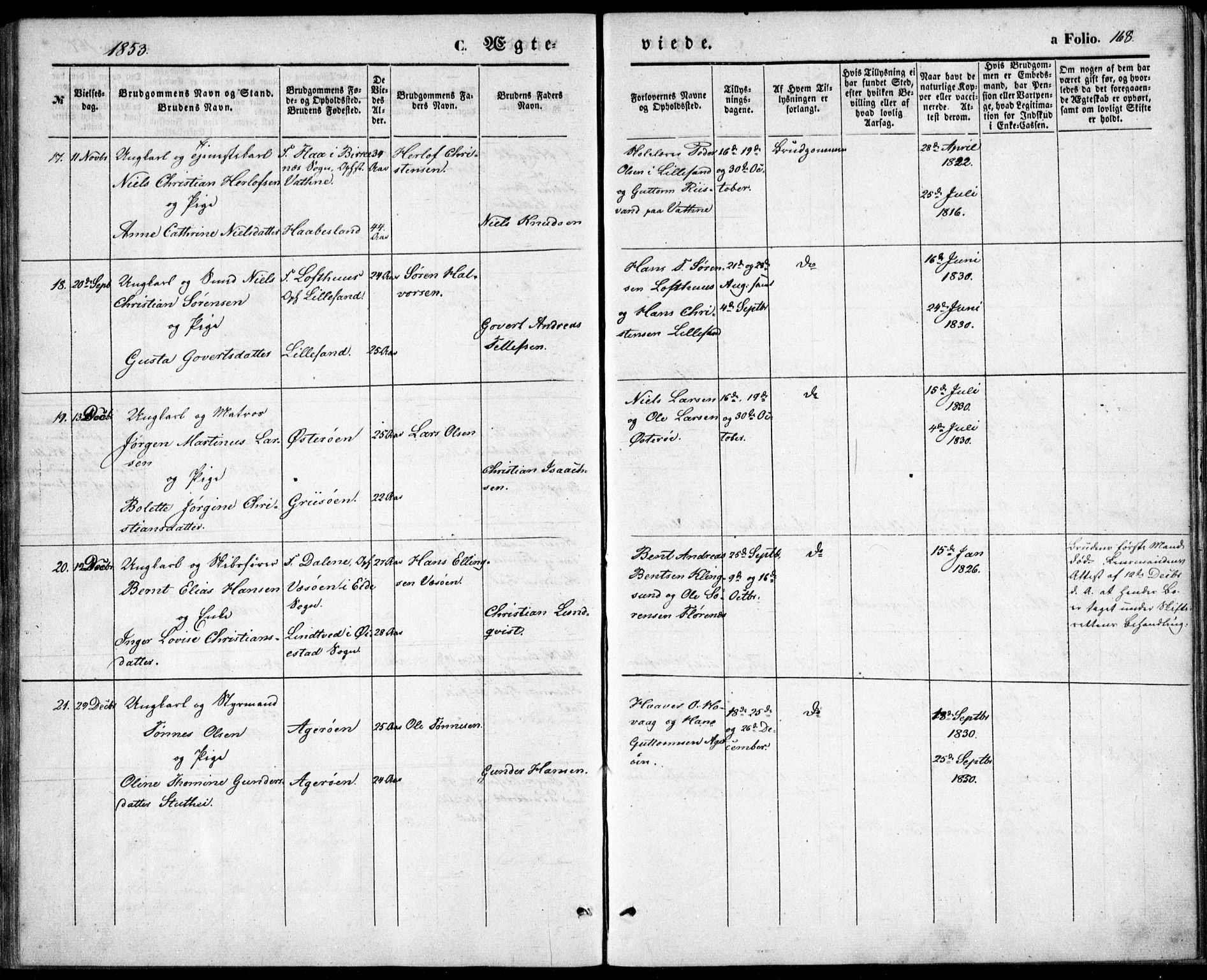 Vestre Moland sokneprestkontor, AV/SAK-1111-0046/F/Fb/Fbb/L0003: Klokkerbok nr. B 3, 1851-1861, s. 168