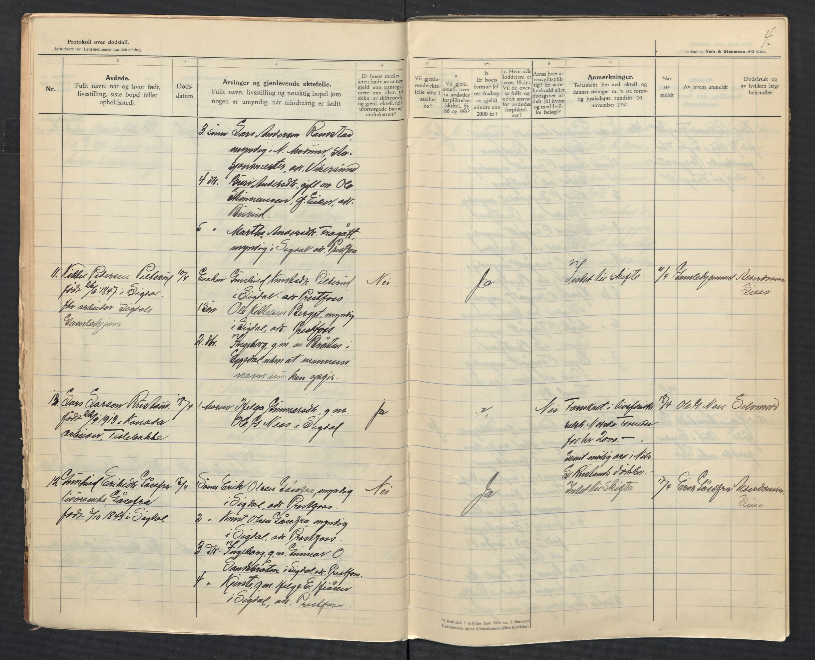 Sigdal lensmannskontor, SAKO/A-515/H/Ha/L0004/0002: Dødsfallsprotokoll / Dødsfallsprotokoll, 1933-1939, s. 4