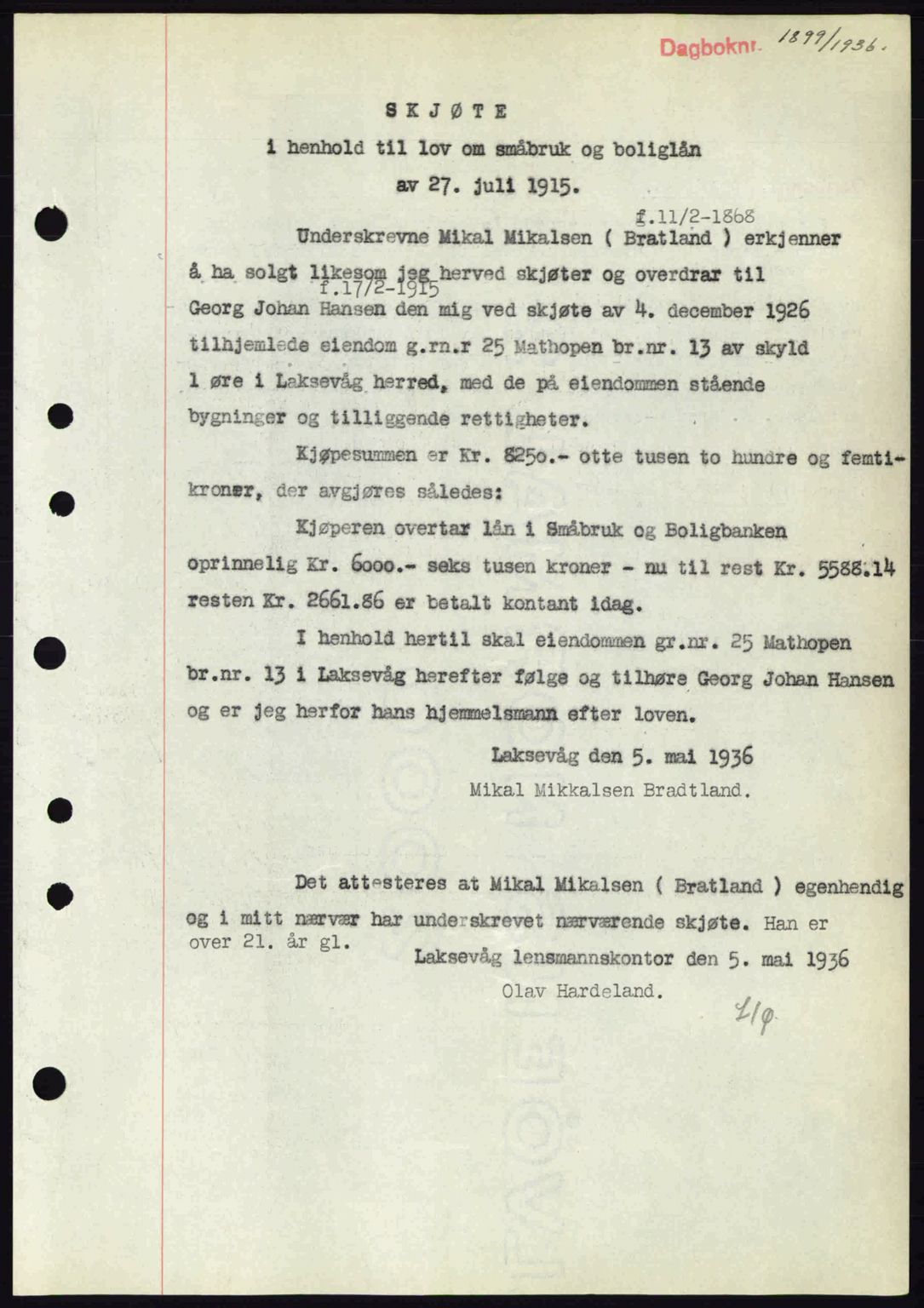 Midhordland sorenskriveri, SAB/A-3001/1/G/Gb/Gbk/L0001: Pantebok nr. A1-6, 1936-1937, Dagboknr: 1899/1936