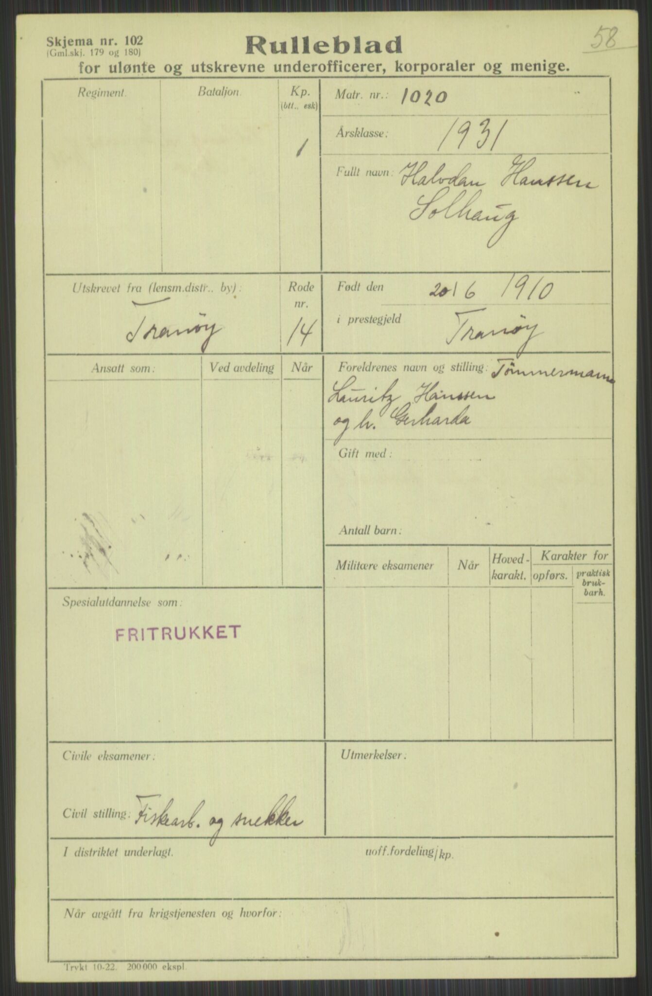 Forsvaret, Troms infanteriregiment nr. 16, AV/RA-RAFA-3146/P/Pa/L0015: Rulleblad for regimentets menige mannskaper, årsklasse 1931, 1931, s. 1097