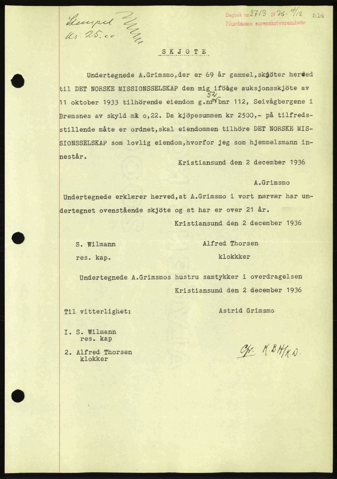 Nordmøre sorenskriveri, SAT/A-4132/1/2/2Ca: Pantebok nr. A80, 1936-1937, Dagboknr: 2713/1936