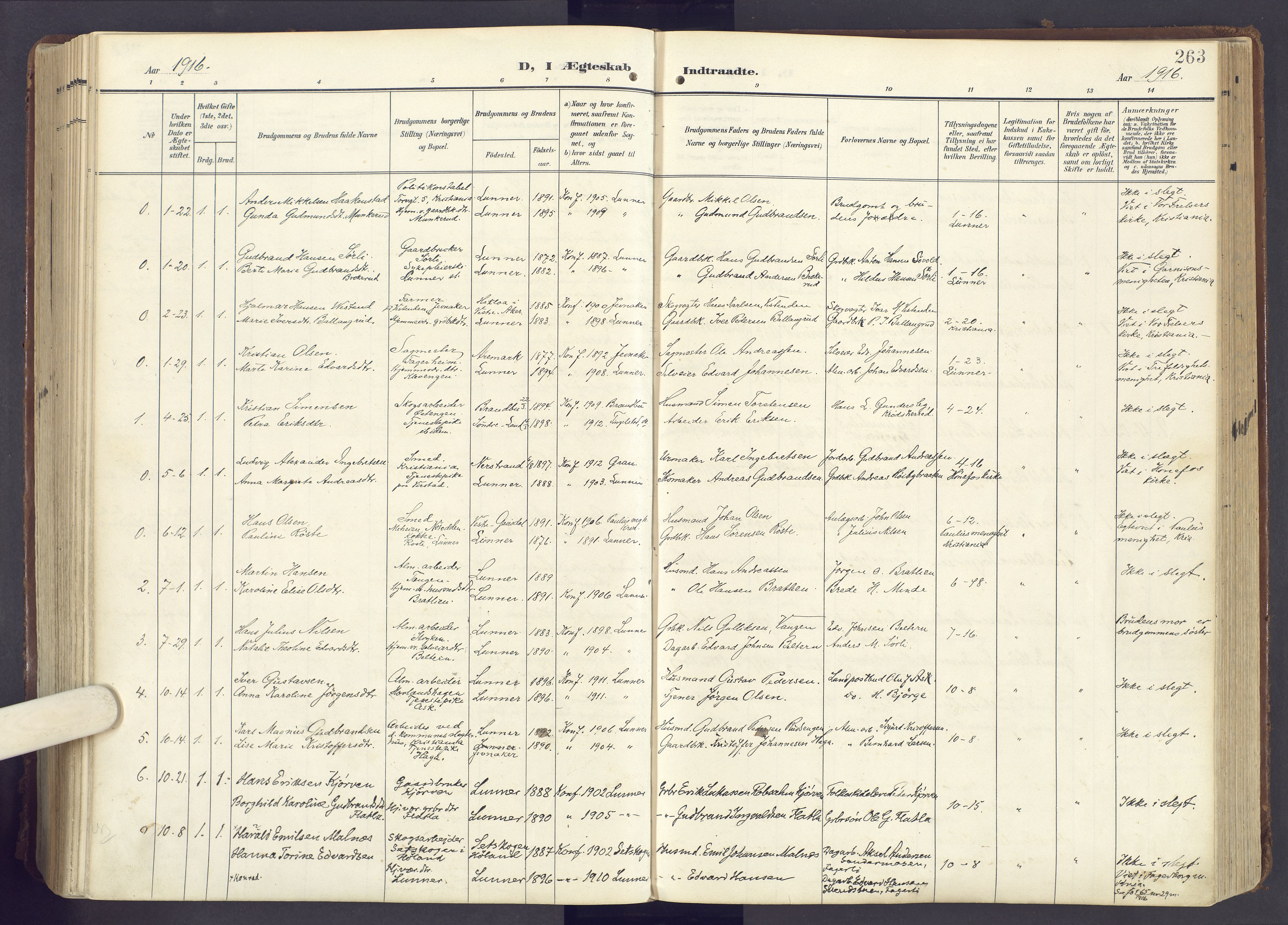 Lunner prestekontor, SAH/PREST-118/H/Ha/Haa/L0001: Ministerialbok nr. 1, 1907-1922, s. 263