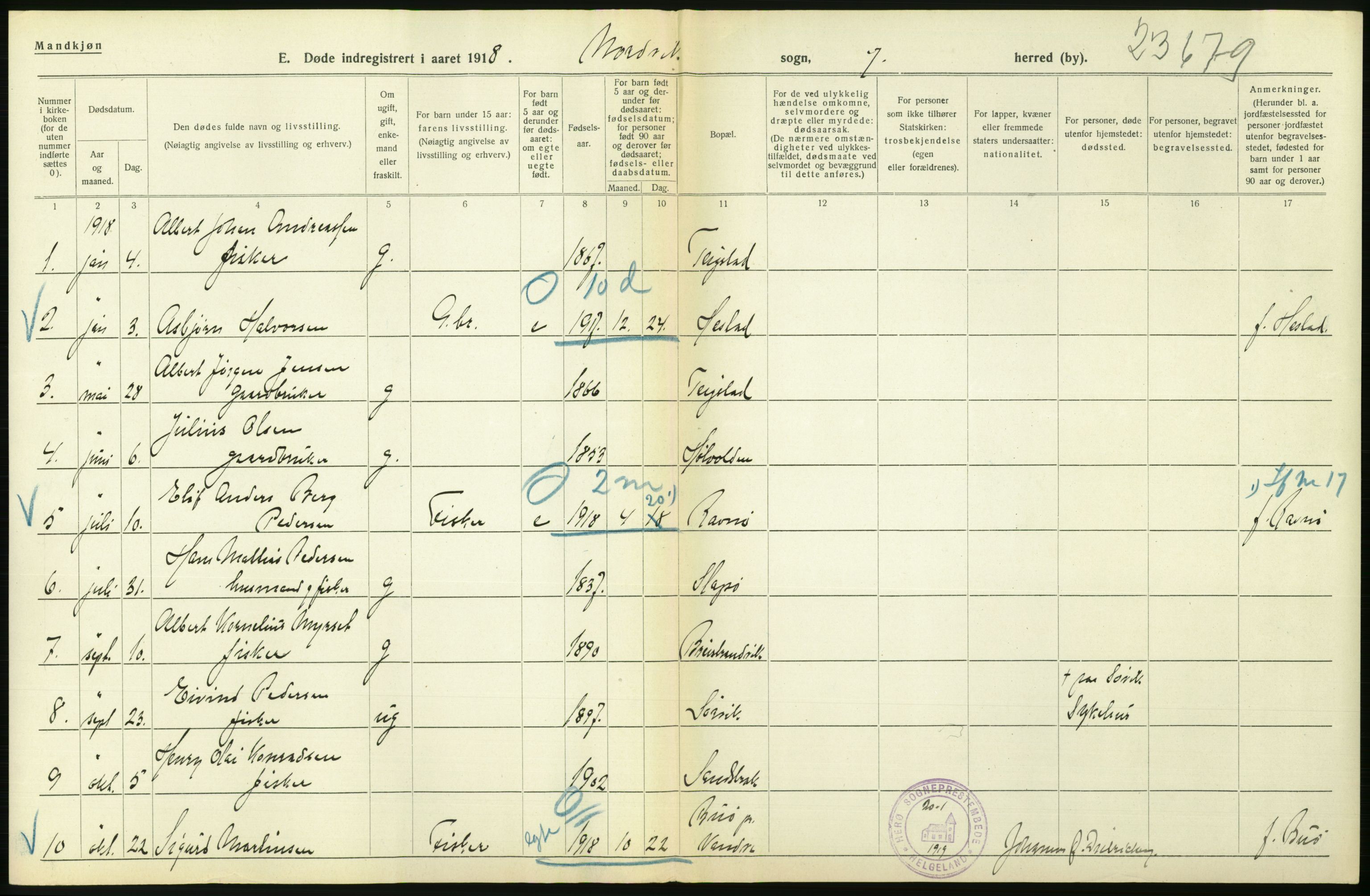 Statistisk sentralbyrå, Sosiodemografiske emner, Befolkning, AV/RA-S-2228/D/Df/Dfb/Dfbh/L0055: Nordland fylke: Døde. Bygder og byer., 1918, s. 118