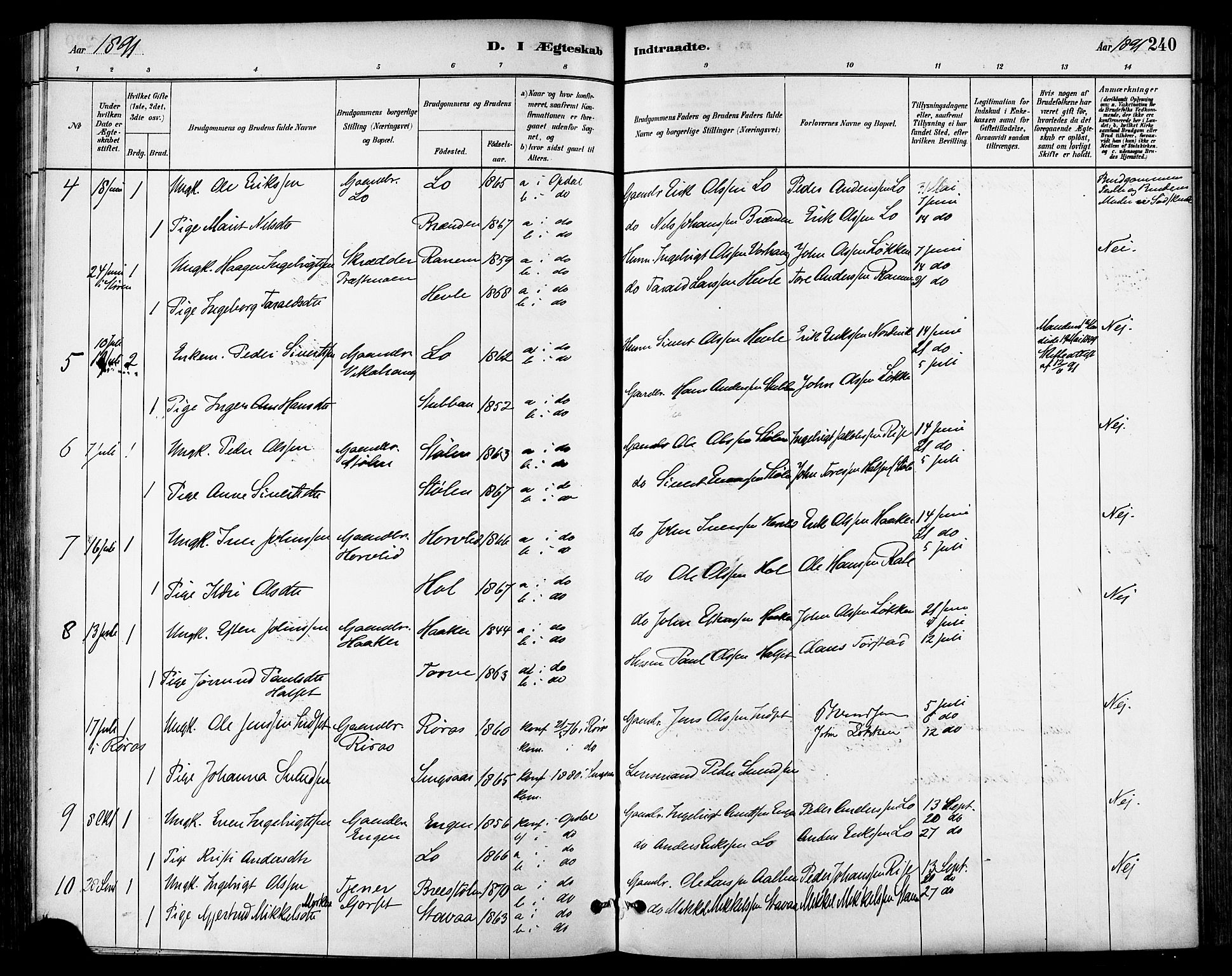 Ministerialprotokoller, klokkerbøker og fødselsregistre - Sør-Trøndelag, SAT/A-1456/678/L0901: Ministerialbok nr. 678A10, 1881-1894, s. 240