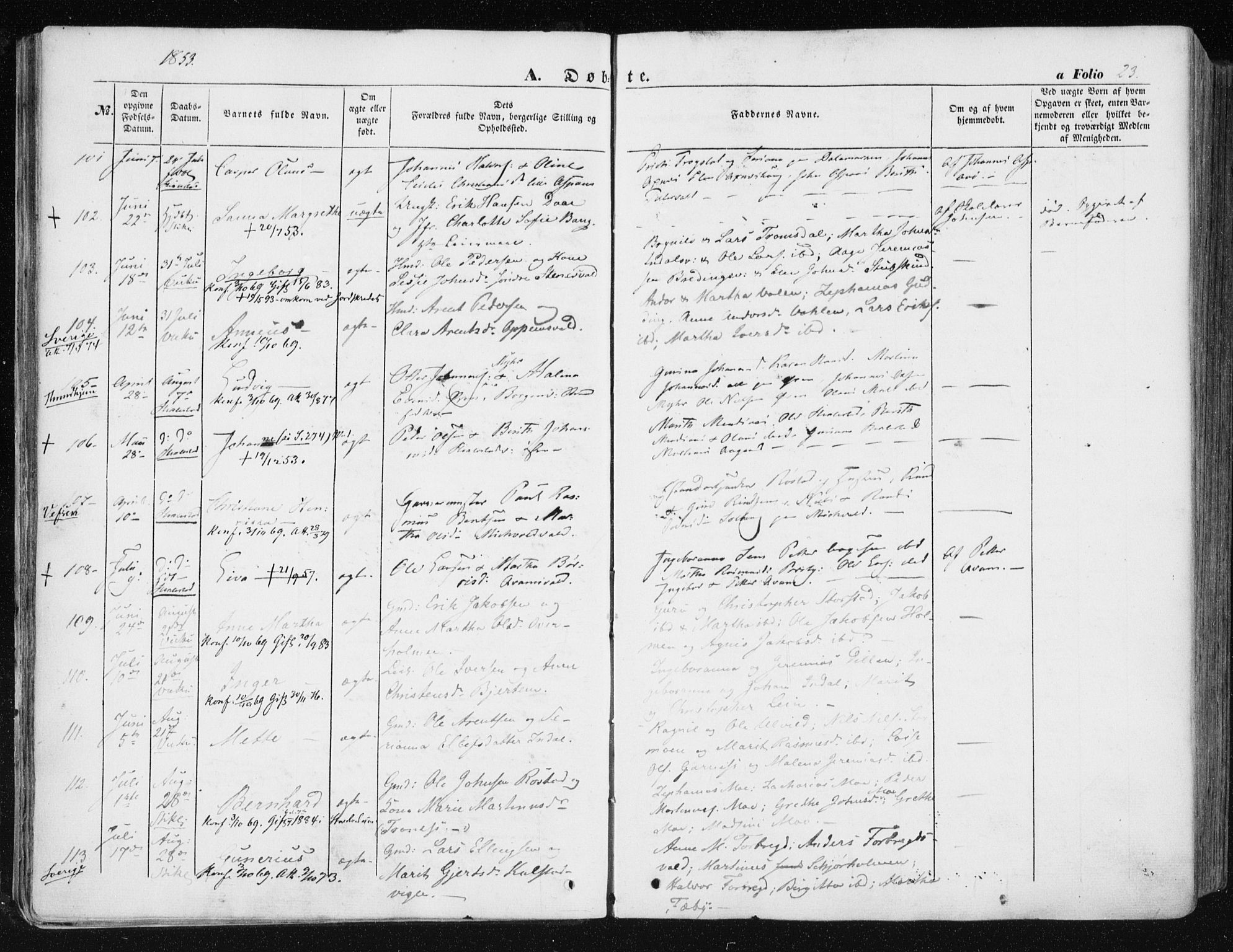 Ministerialprotokoller, klokkerbøker og fødselsregistre - Nord-Trøndelag, SAT/A-1458/723/L0240: Ministerialbok nr. 723A09, 1852-1860, s. 23