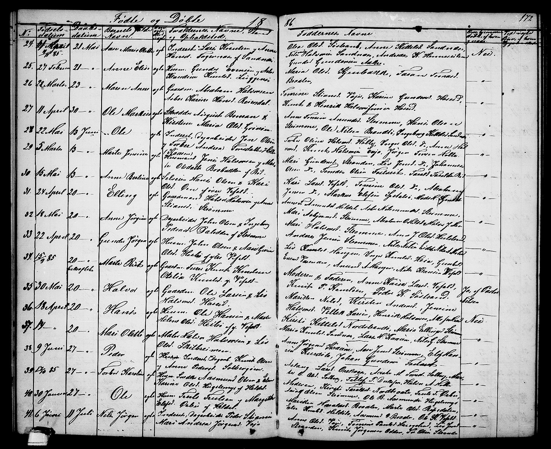 Drangedal kirkebøker, AV/SAKO-A-258/G/Ga/L0002: Klokkerbok nr. I 2, 1856-1887, s. 172