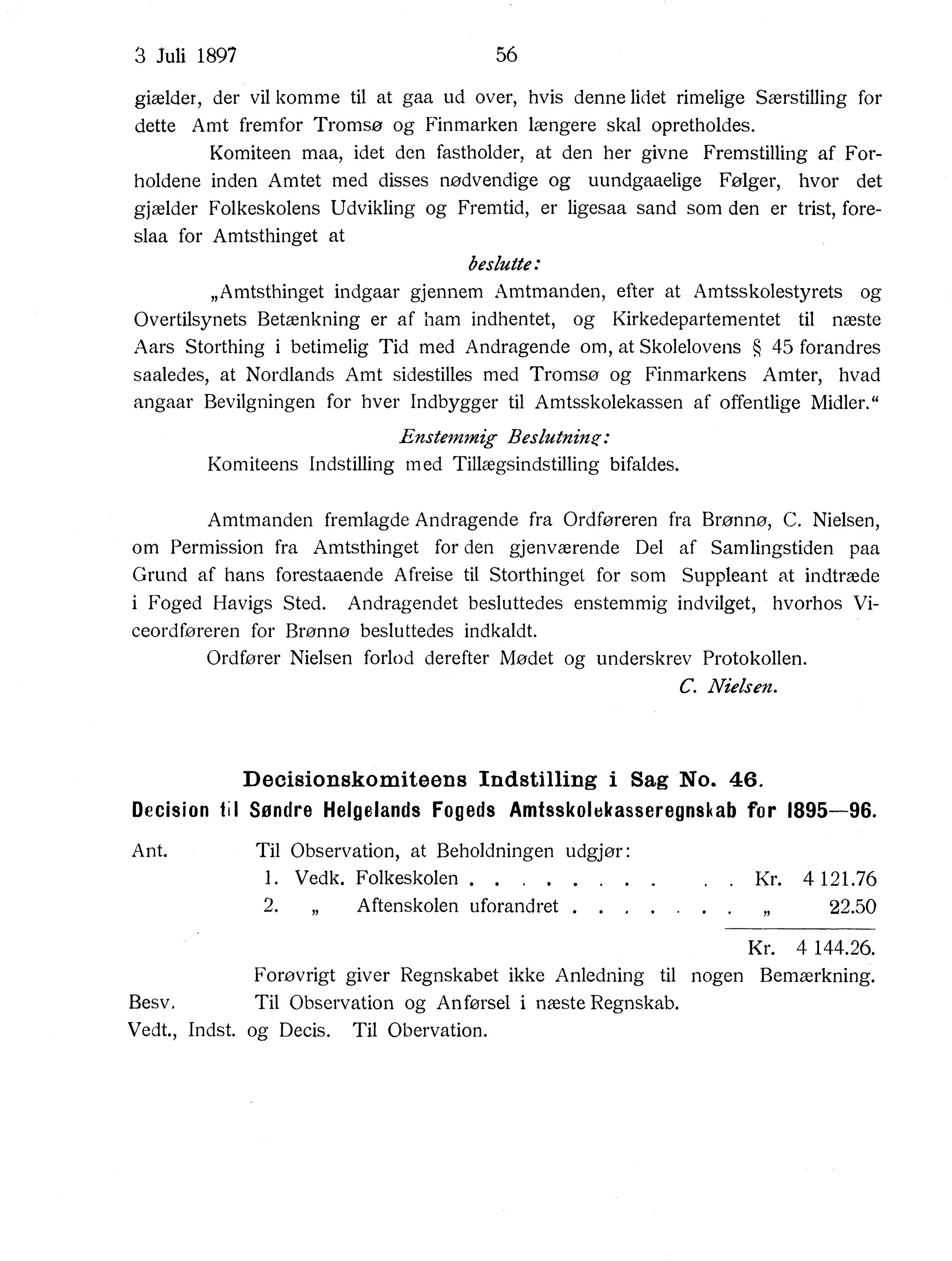 Nordland Fylkeskommune. Fylkestinget, AIN/NFK-17/176/A/Ac/L0020: Fylkestingsforhandlinger 1897, 1897