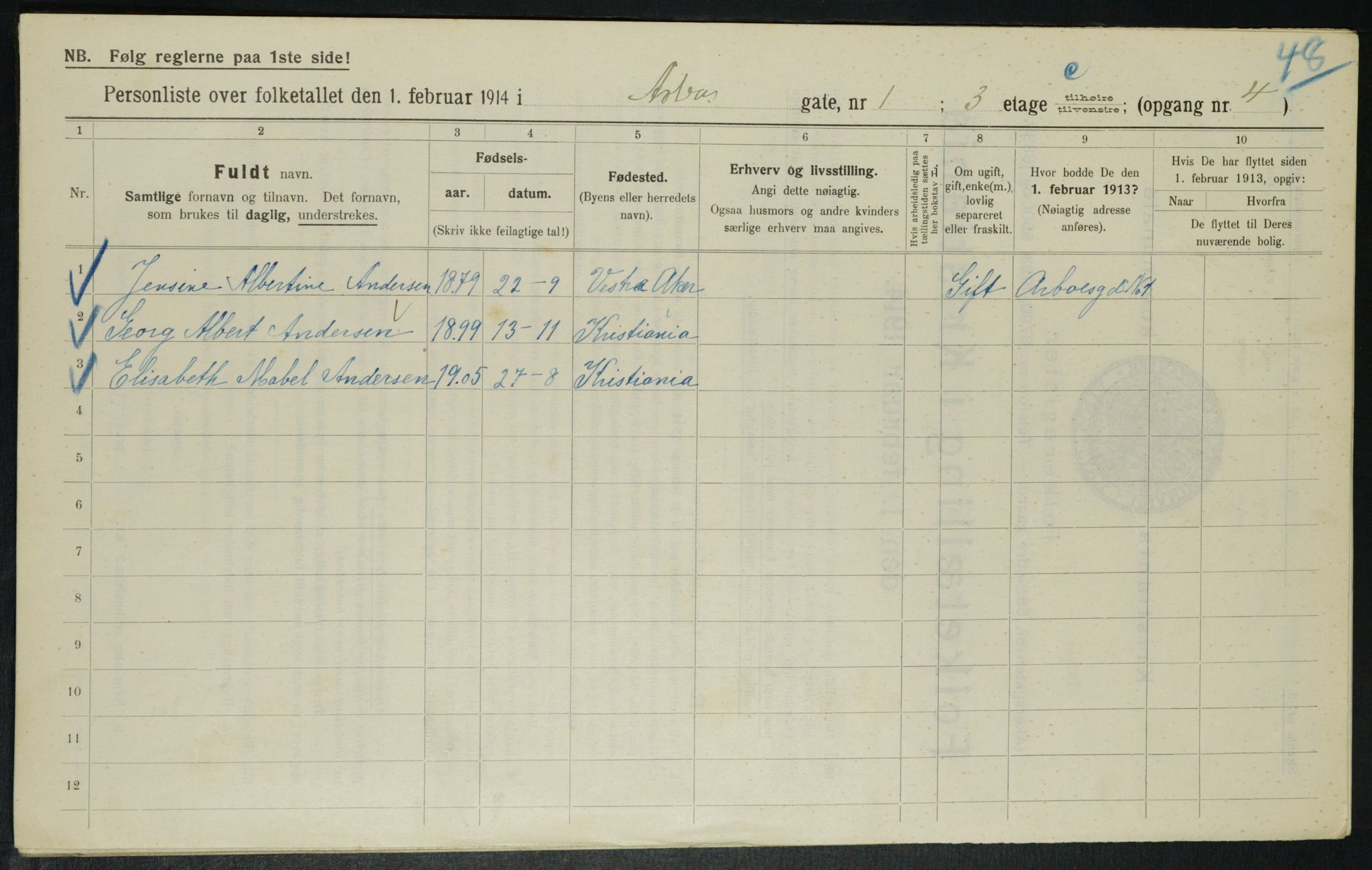 OBA, Kommunal folketelling 1.2.1914 for Kristiania, 1914, s. 1717