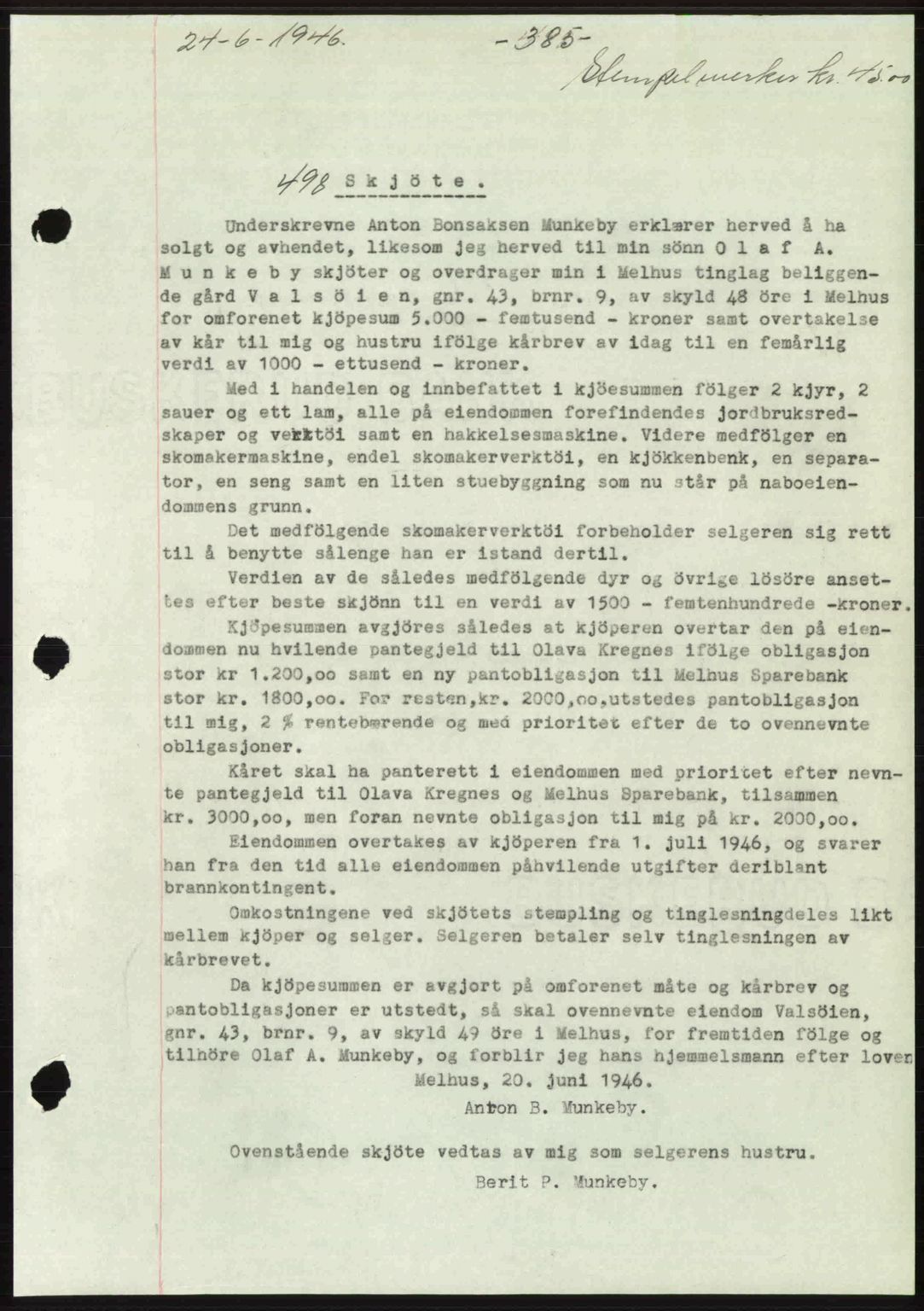 Gauldal sorenskriveri, SAT/A-0014/1/2/2C: Pantebok nr. A2, 1946-1946, Dagboknr: 498/1946