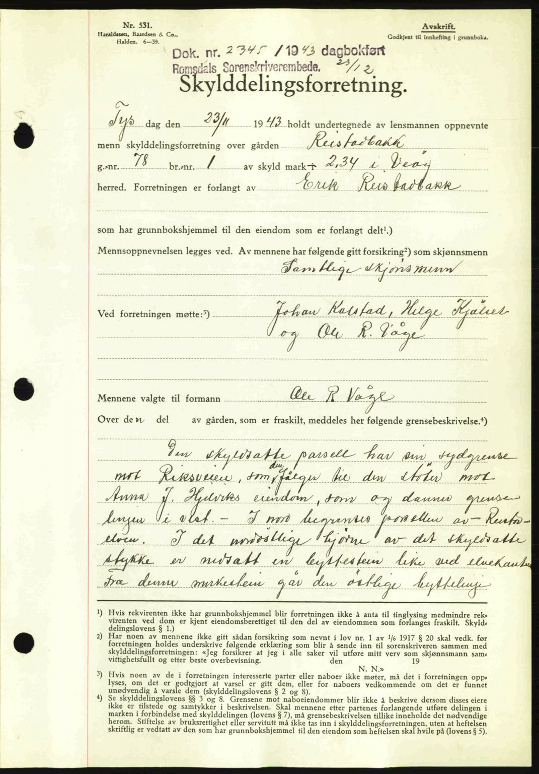 Romsdal sorenskriveri, AV/SAT-A-4149/1/2/2C: Pantebok nr. A15, 1943-1944, Dagboknr: 2345/1943