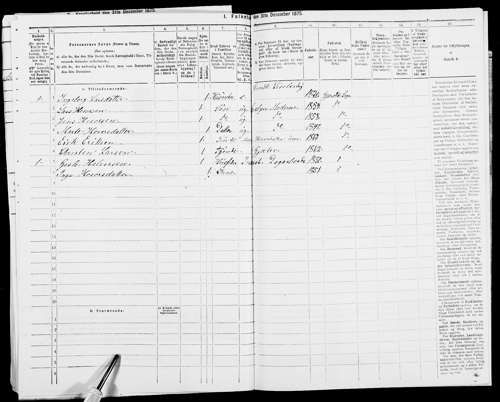 SAK, Folketelling 1875 for 0911P Gjerstad prestegjeld, 1875, s. 808