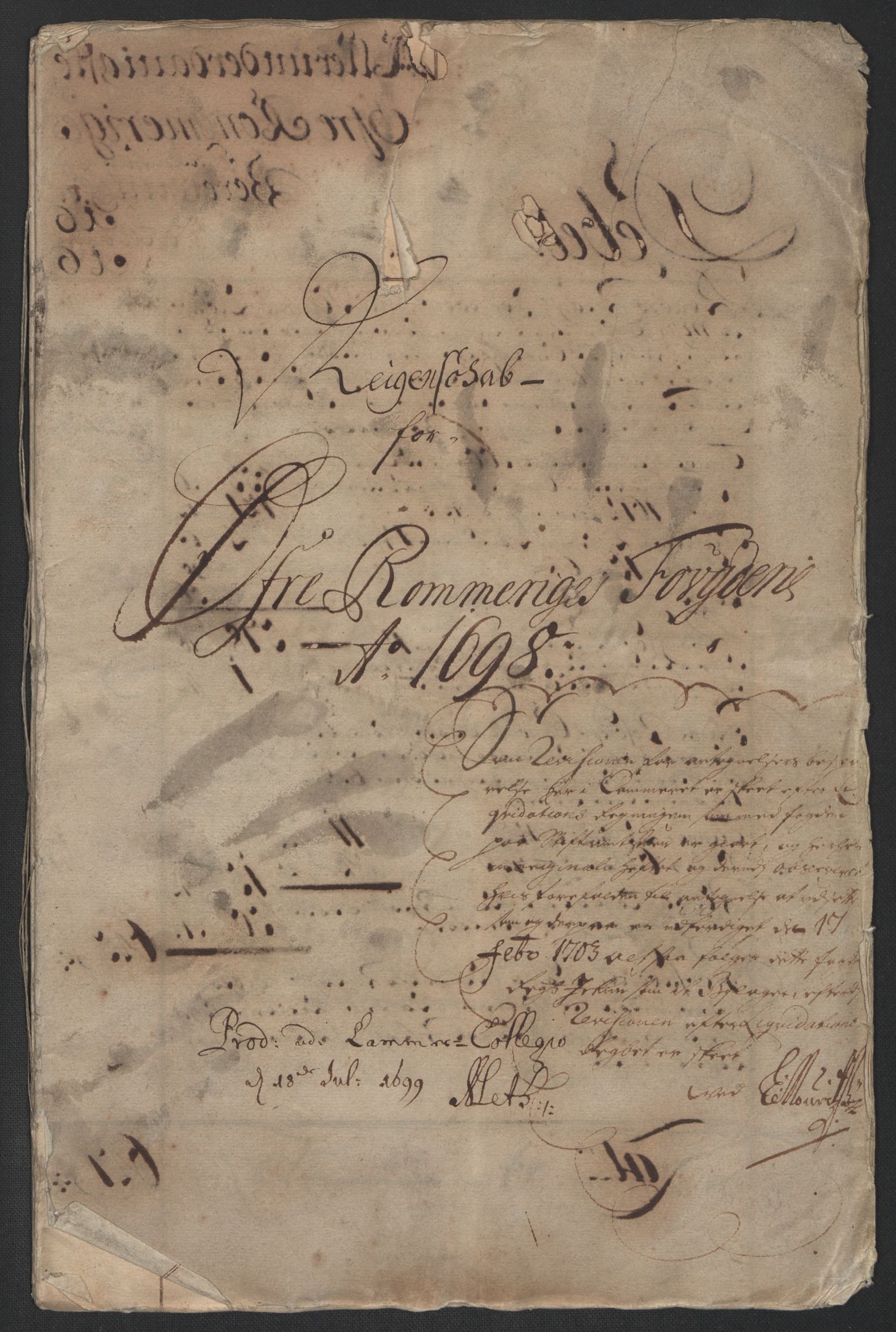 Rentekammeret inntil 1814, Reviderte regnskaper, Fogderegnskap, AV/RA-EA-4092/R12/L0710: Fogderegnskap Øvre Romerike, 1698, s. 4