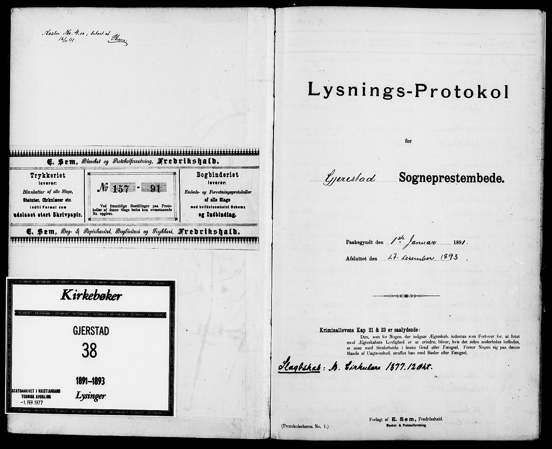 Gjerstad sokneprestkontor, SAK/1111-0014/J/Jd/L0010: Lysningsprotokoll nr. A VI 44, 1891-1893