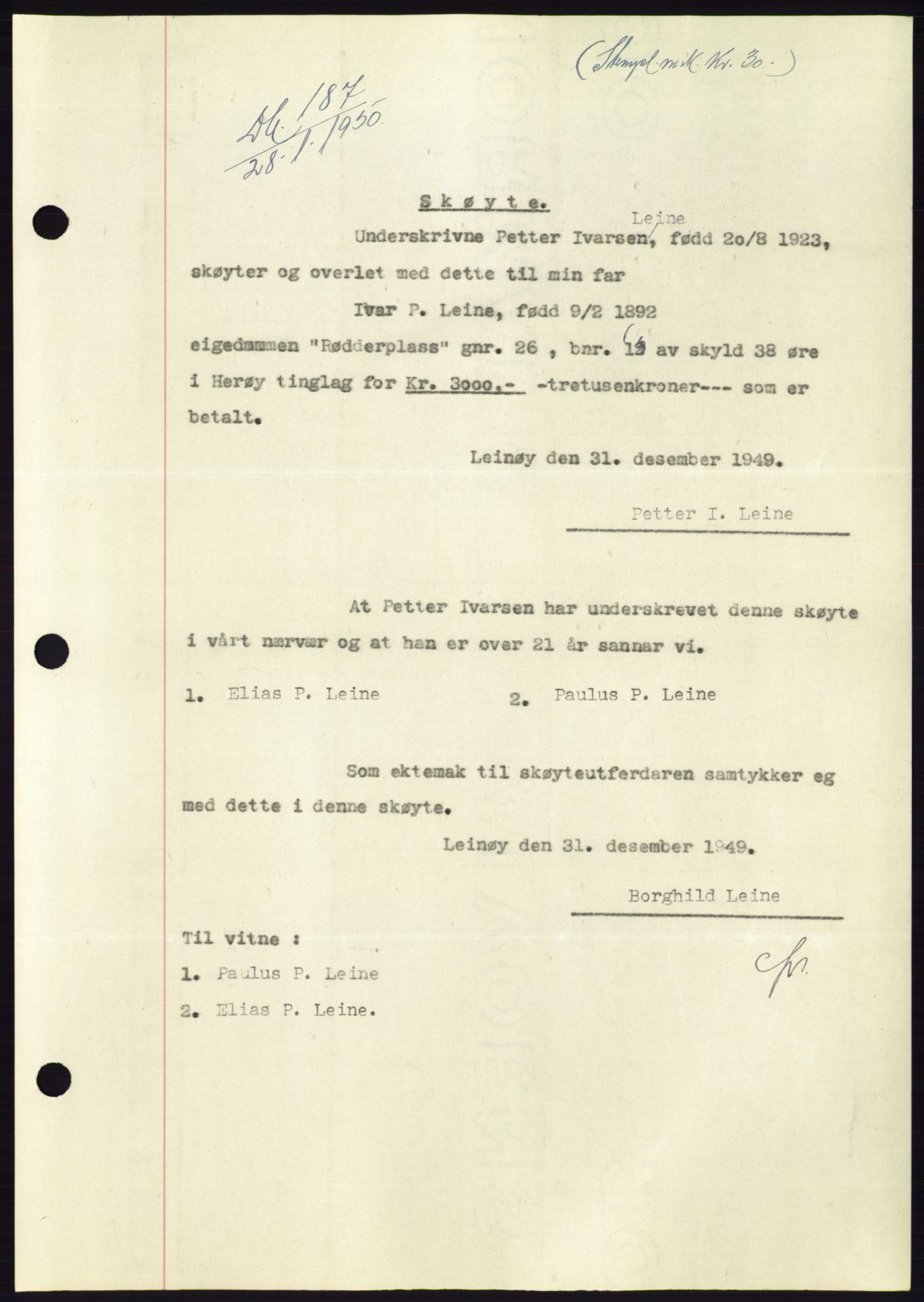 Søre Sunnmøre sorenskriveri, SAT/A-4122/1/2/2C/L0086: Pantebok nr. 12A, 1949-1950, Dagboknr: 187/1950