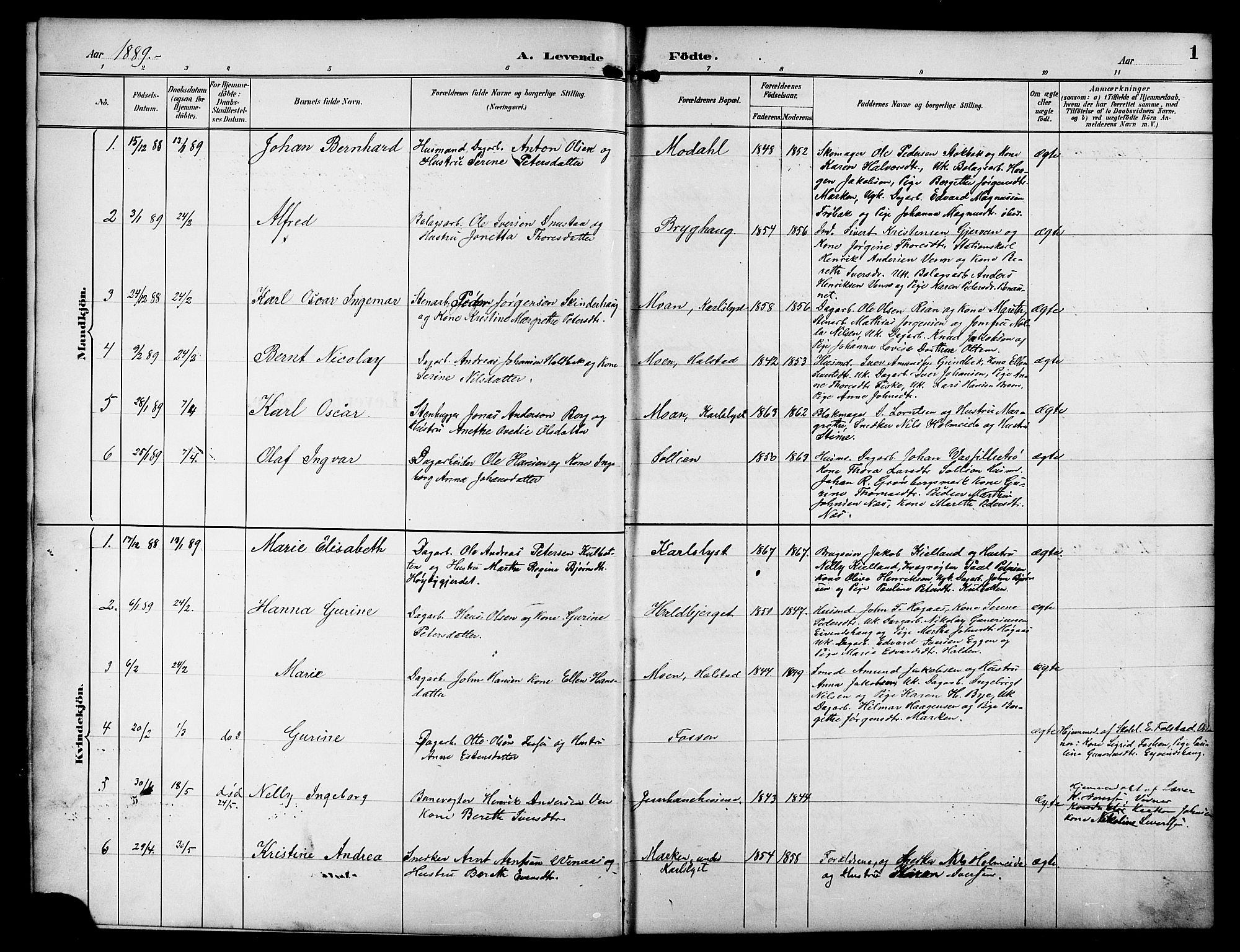 Ministerialprotokoller, klokkerbøker og fødselsregistre - Sør-Trøndelag, SAT/A-1456/617/L0431: Klokkerbok nr. 617C01, 1889-1910, s. 1