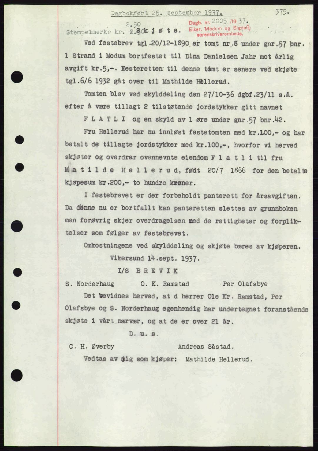 Eiker, Modum og Sigdal sorenskriveri, SAKO/A-123/G/Ga/Gab/L0036: Pantebok nr. A6, 1937-1937, Dagboknr: 2005/1937