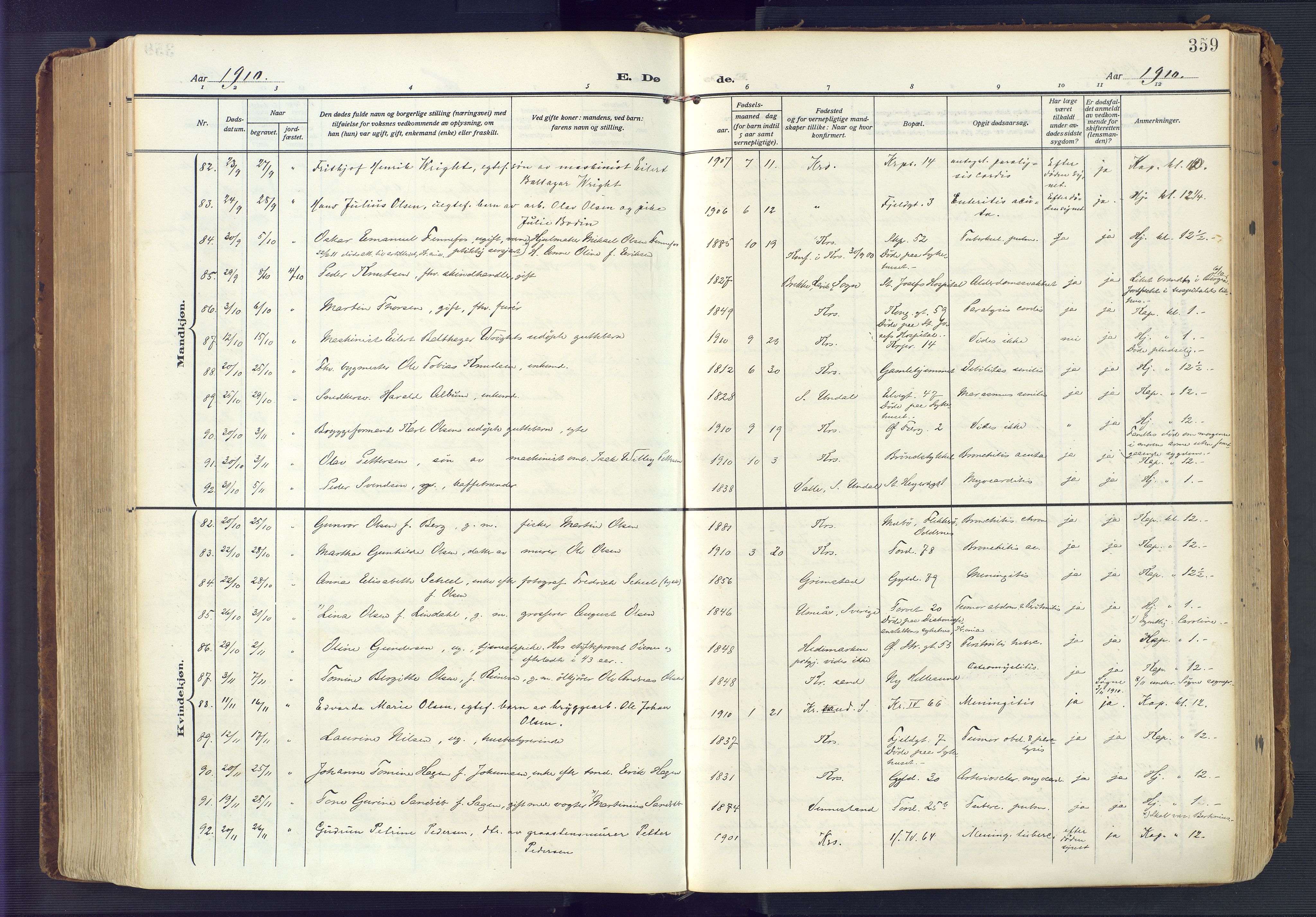 Kristiansand domprosti, AV/SAK-1112-0006/F/Fa/L0023: Ministerialbok nr. A 22, 1909-1917, s. 359