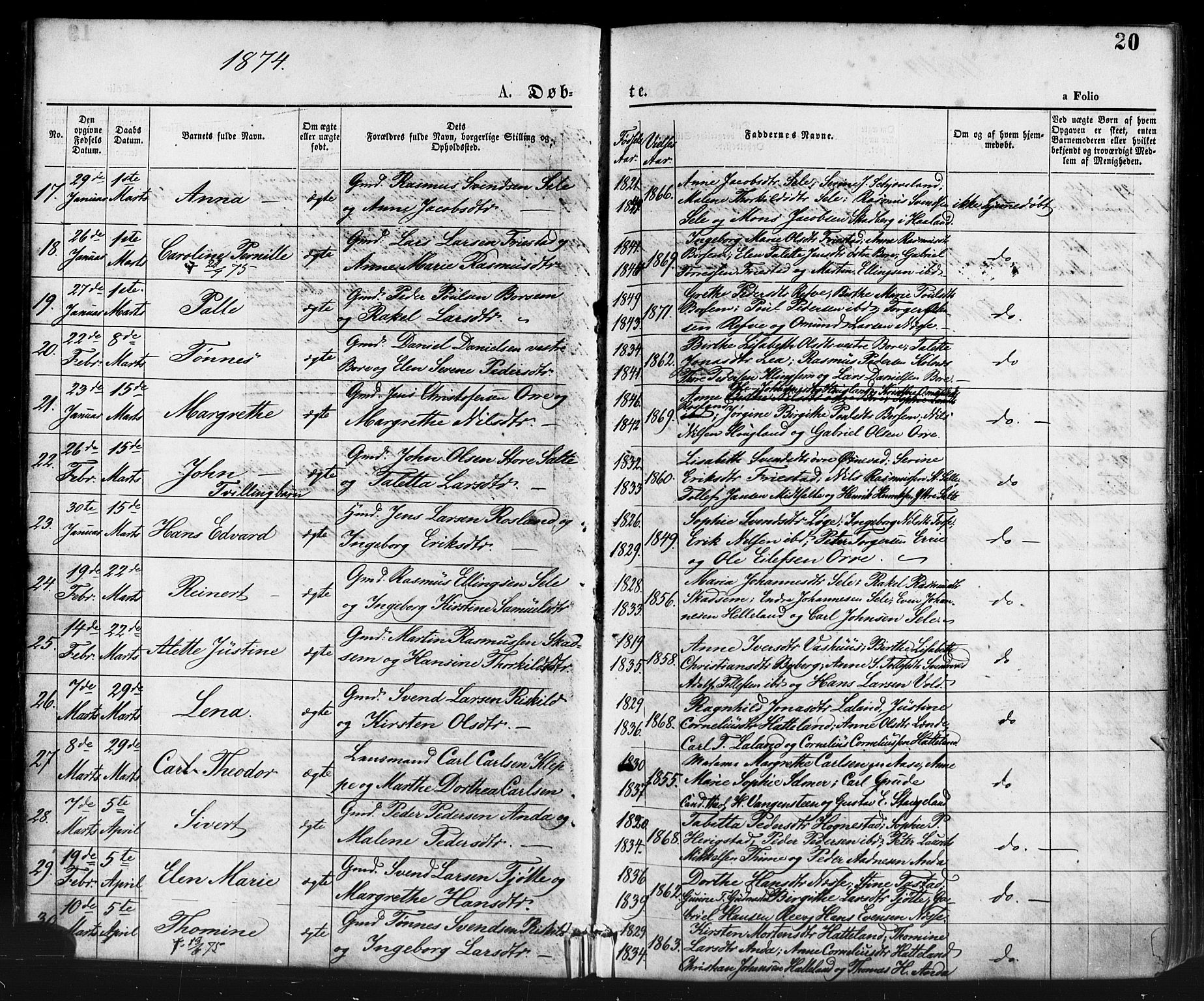 Klepp sokneprestkontor, AV/SAST-A-101803/001/3/30BA/L0006: Ministerialbok nr. A 6, 1871-1885, s. 20
