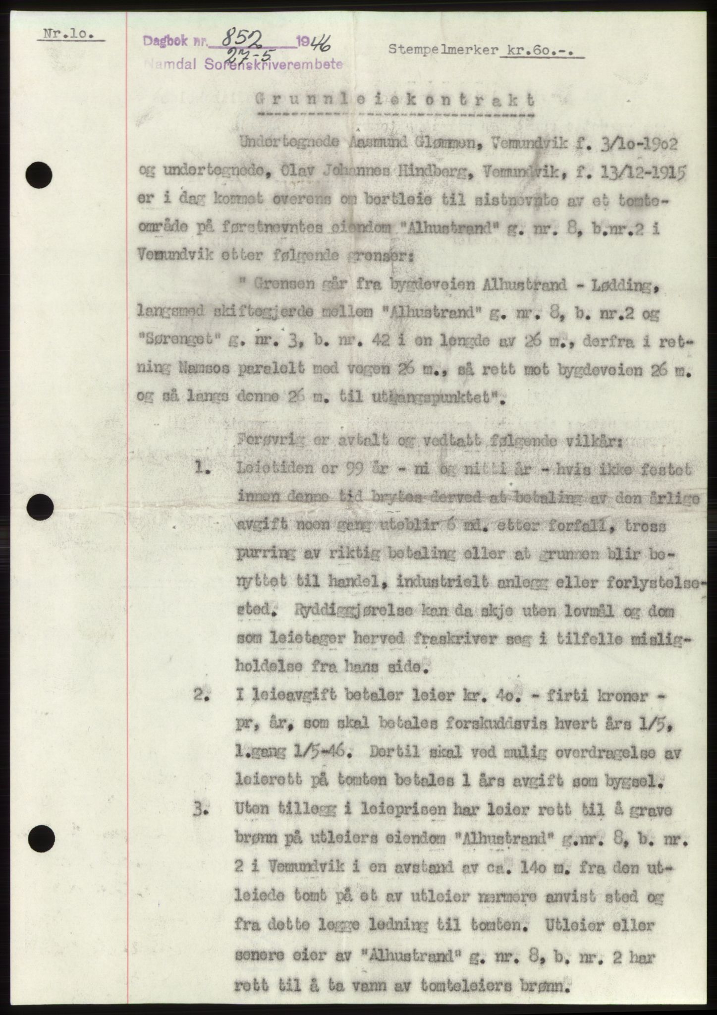 Namdal sorenskriveri, SAT/A-4133/1/2/2C: Pantebok nr. -, 1946-1946, Dagboknr: 852/1946
