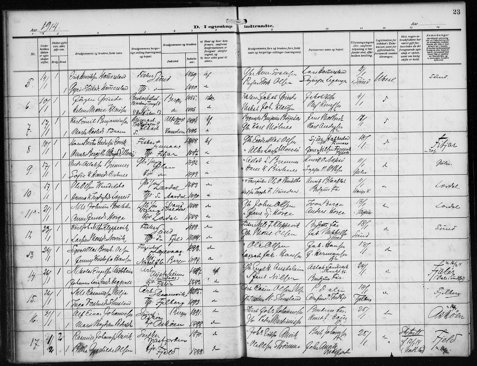 Nykirken Sokneprestembete, AV/SAB-A-77101/H/Haa/L0036: Ministerialbok nr. D 6, 1913-1918, s. 23
