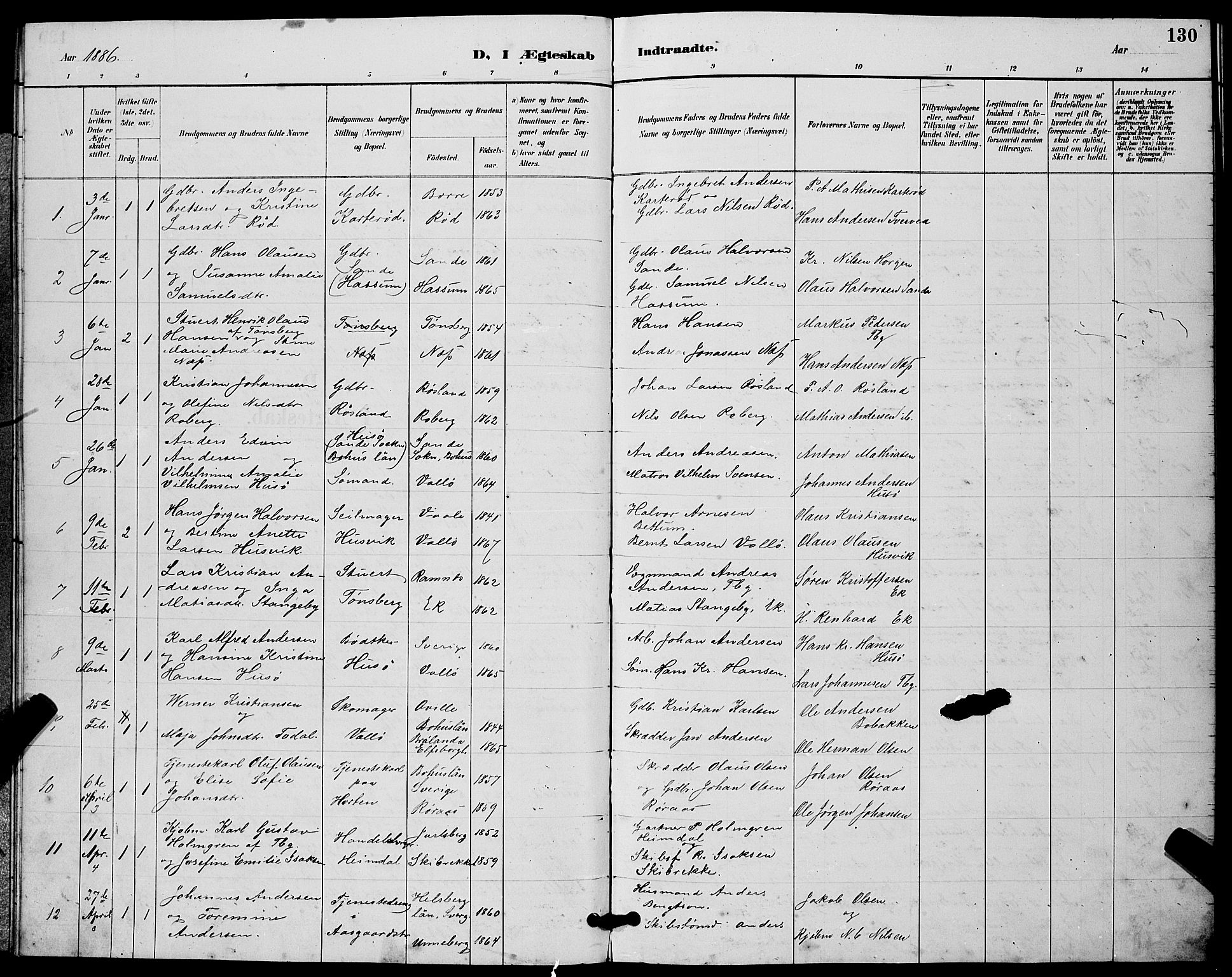 Sem kirkebøker, AV/SAKO-A-5/G/Gb/L0002: Klokkerbok nr. II 2, 1886-1899, s. 130