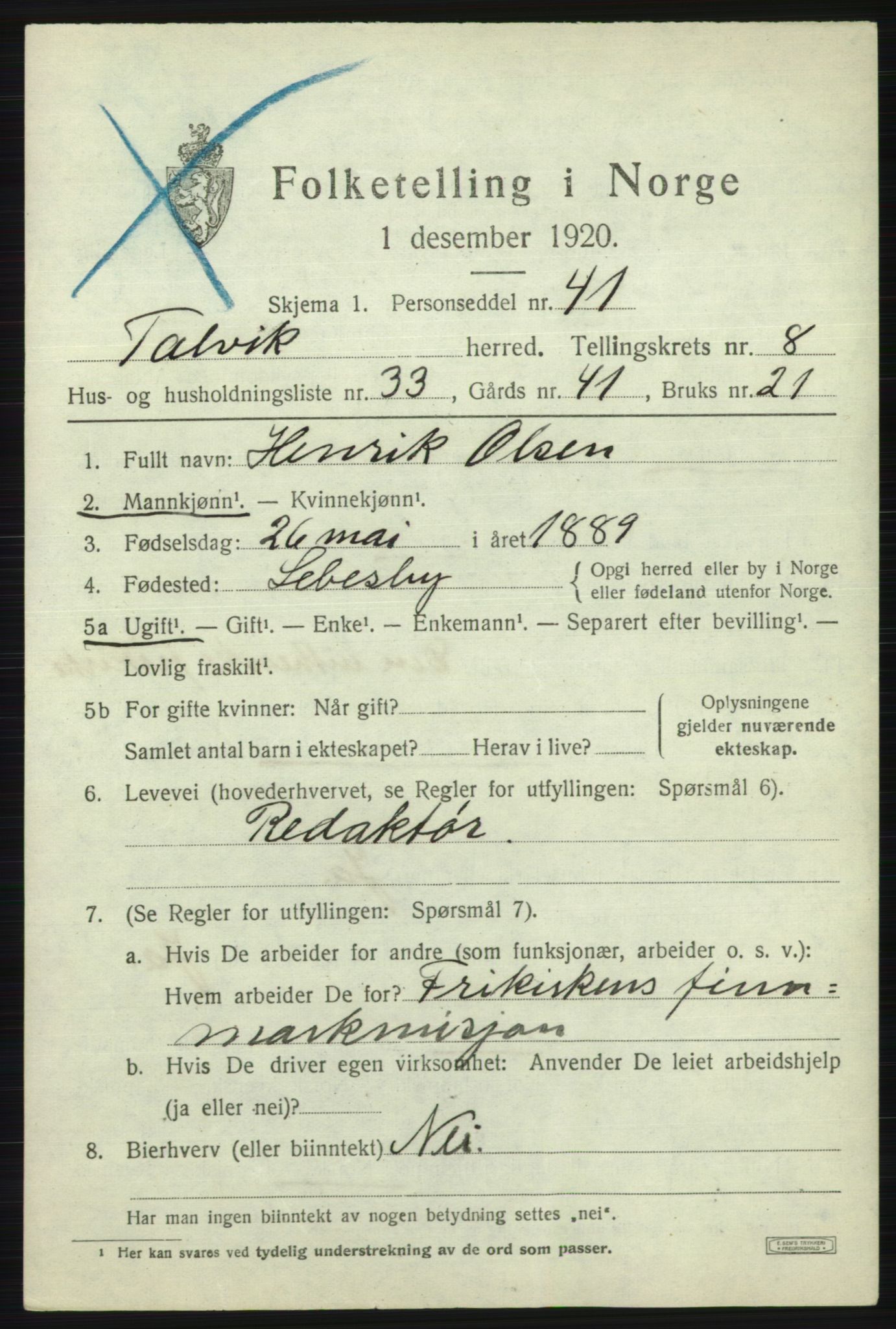 SATØ, Folketelling 1920 for 2013 Talvik herred, 1920, s. 5414