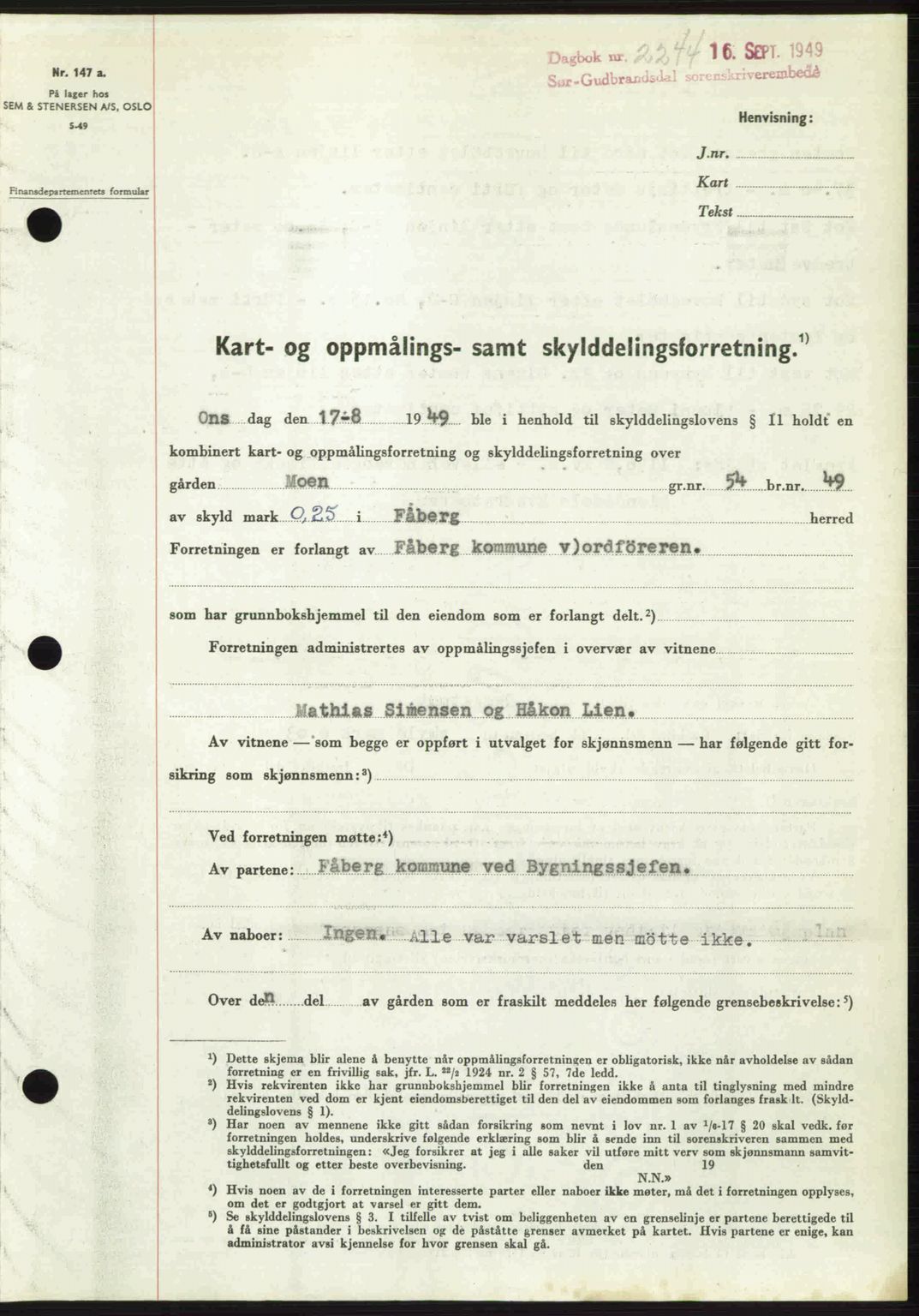 Sør-Gudbrandsdal tingrett, SAH/TING-004/H/Hb/Hbd/L0026: Pantebok nr. A26, 1949-1949, Dagboknr: 2244/1949