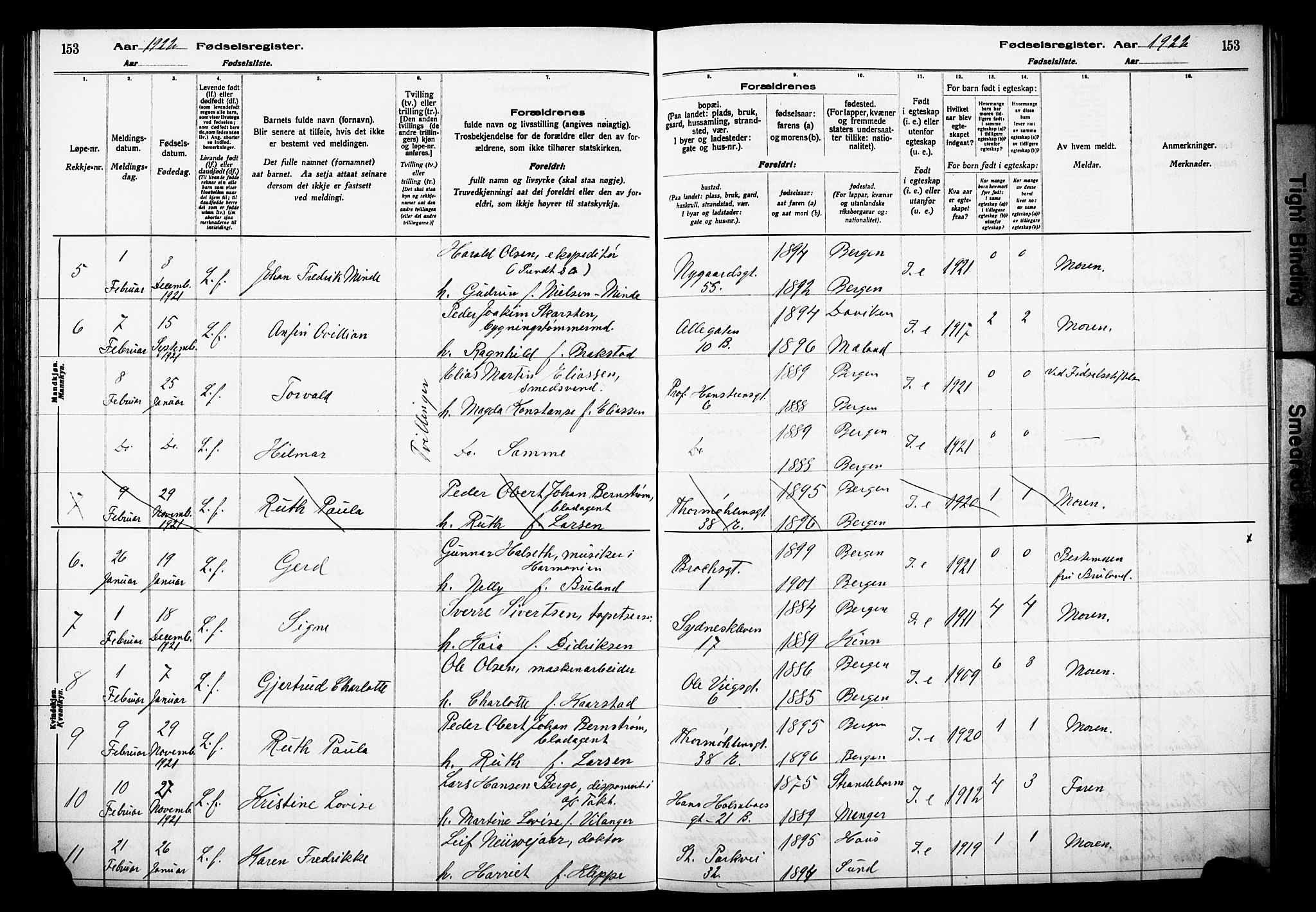 Johanneskirken sokneprestembete, SAB/A-76001/I/Id/L00A1: Fødselsregister nr. A 1, 1916-1924, s. 153