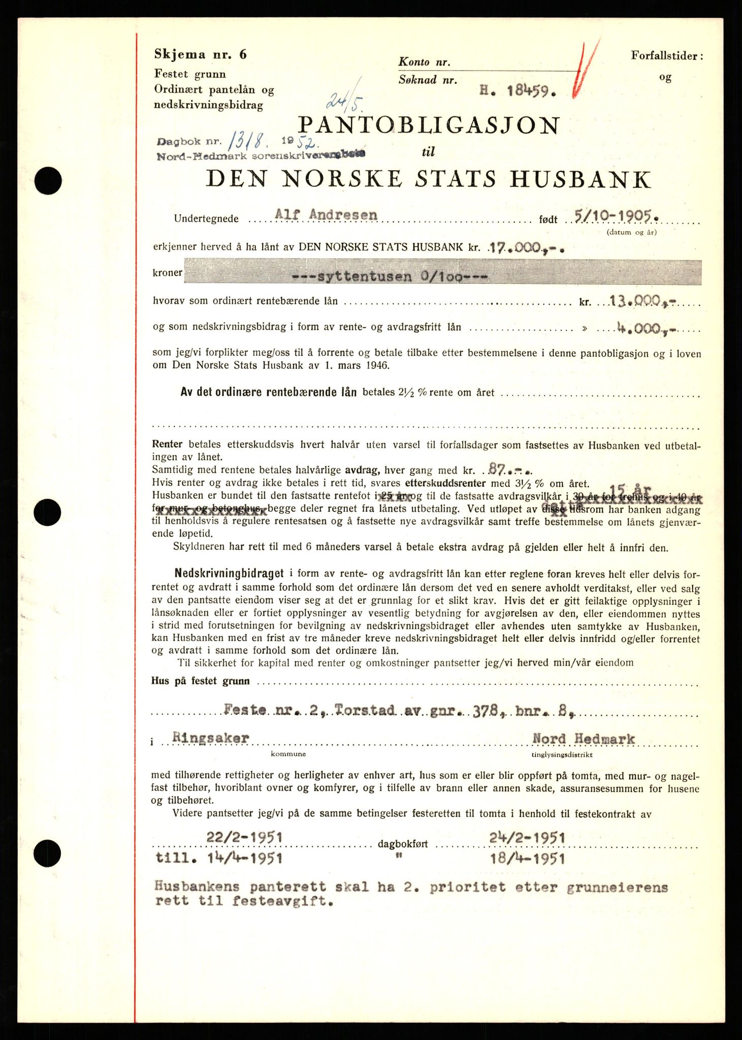Nord-Hedmark sorenskriveri, SAH/TING-012/H/Hb/Hbf/L0025: Pantebok nr. B25, 1952-1952, Dagboknr: 1318/1952