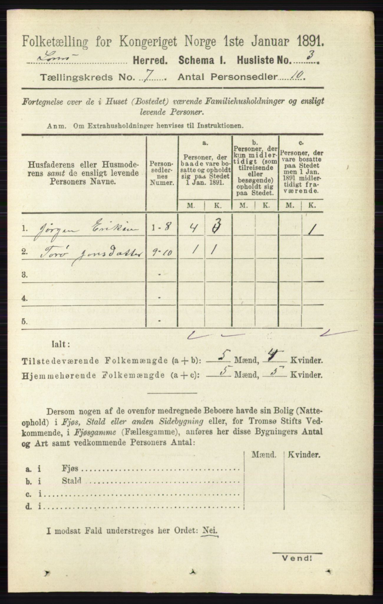 RA, Folketelling 1891 for 0514 Lom herred, 1891, s. 2762