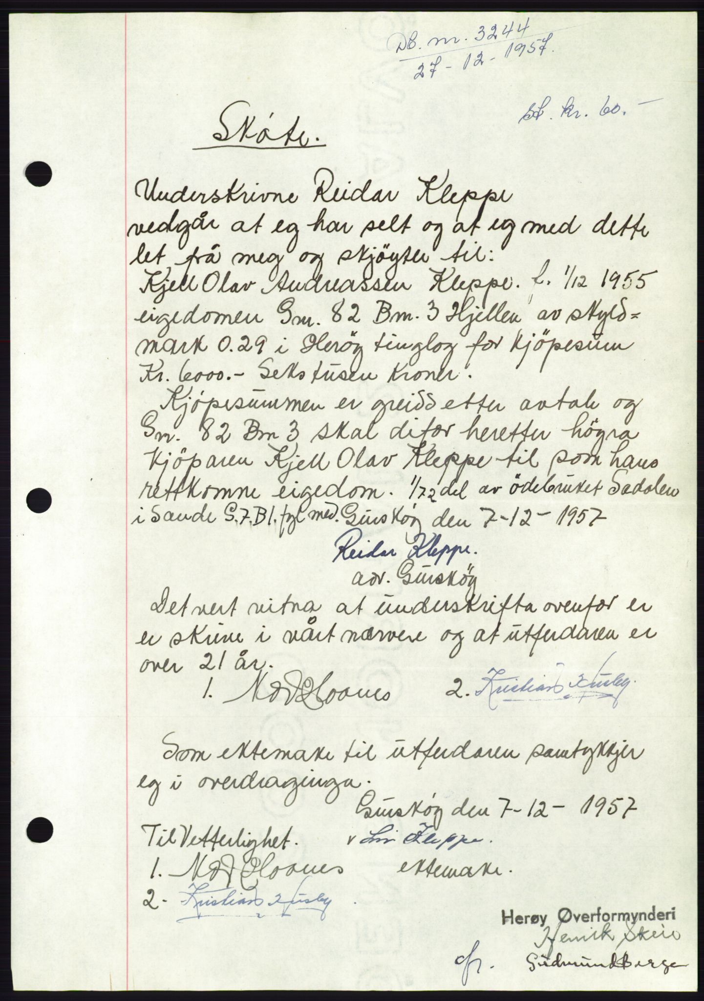 Søre Sunnmøre sorenskriveri, SAT/A-4122/1/2/2C/L0108: Pantebok nr. 34A, 1957-1958, Dagboknr: 3244/1957