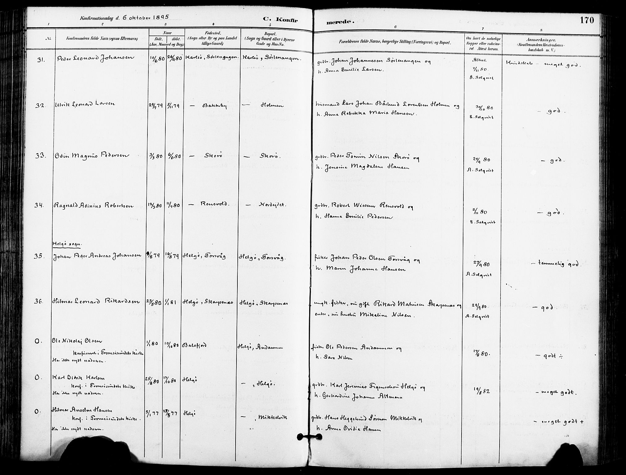 Karlsøy sokneprestembete, AV/SATØ-S-1299/H/Ha/Haa/L0007kirke: Ministerialbok nr. 7, 1891-1902, s. 170