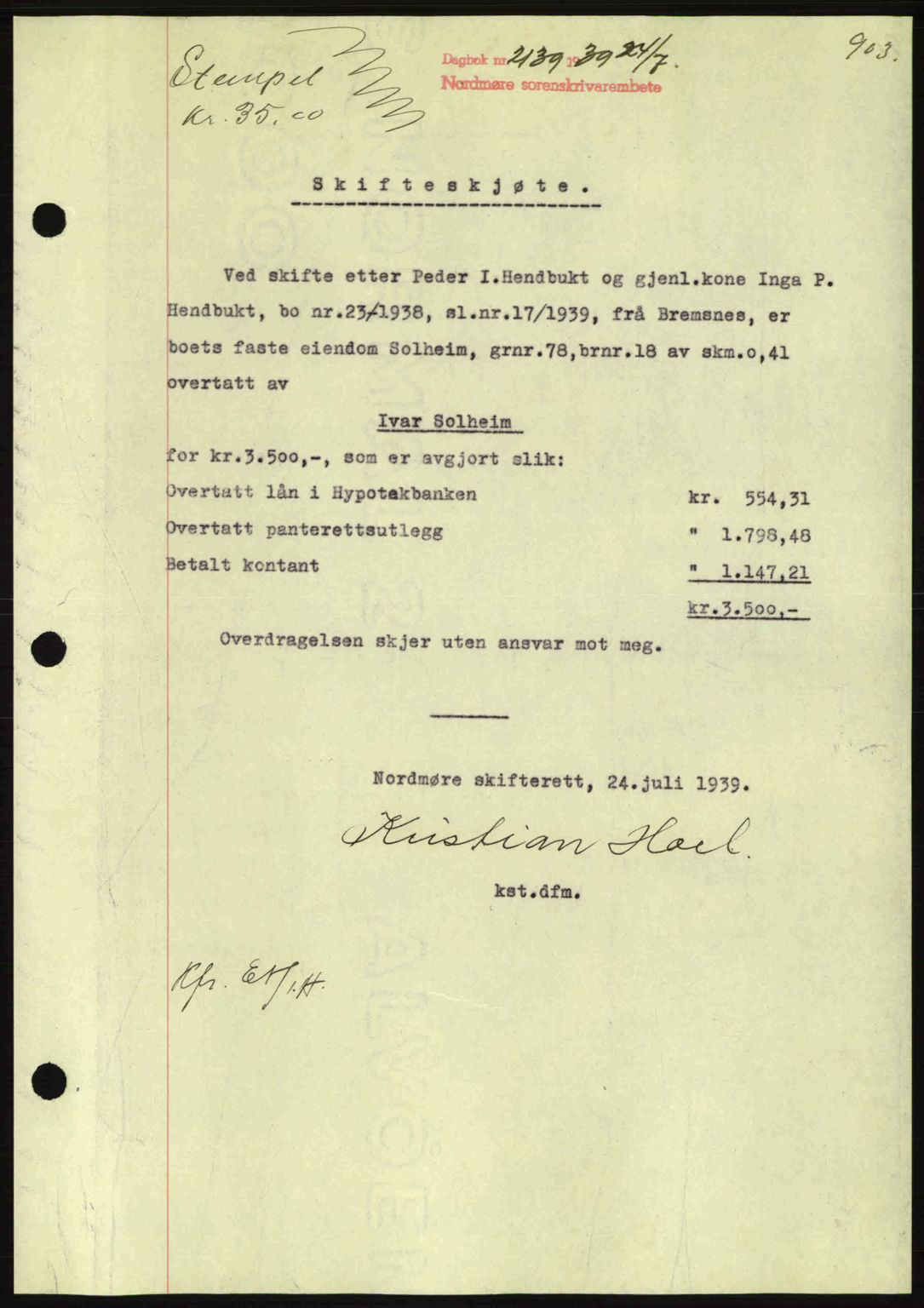 Nordmøre sorenskriveri, SAT/A-4132/1/2/2Ca: Pantebok nr. A86, 1939-1939, Dagboknr: 2139/1939