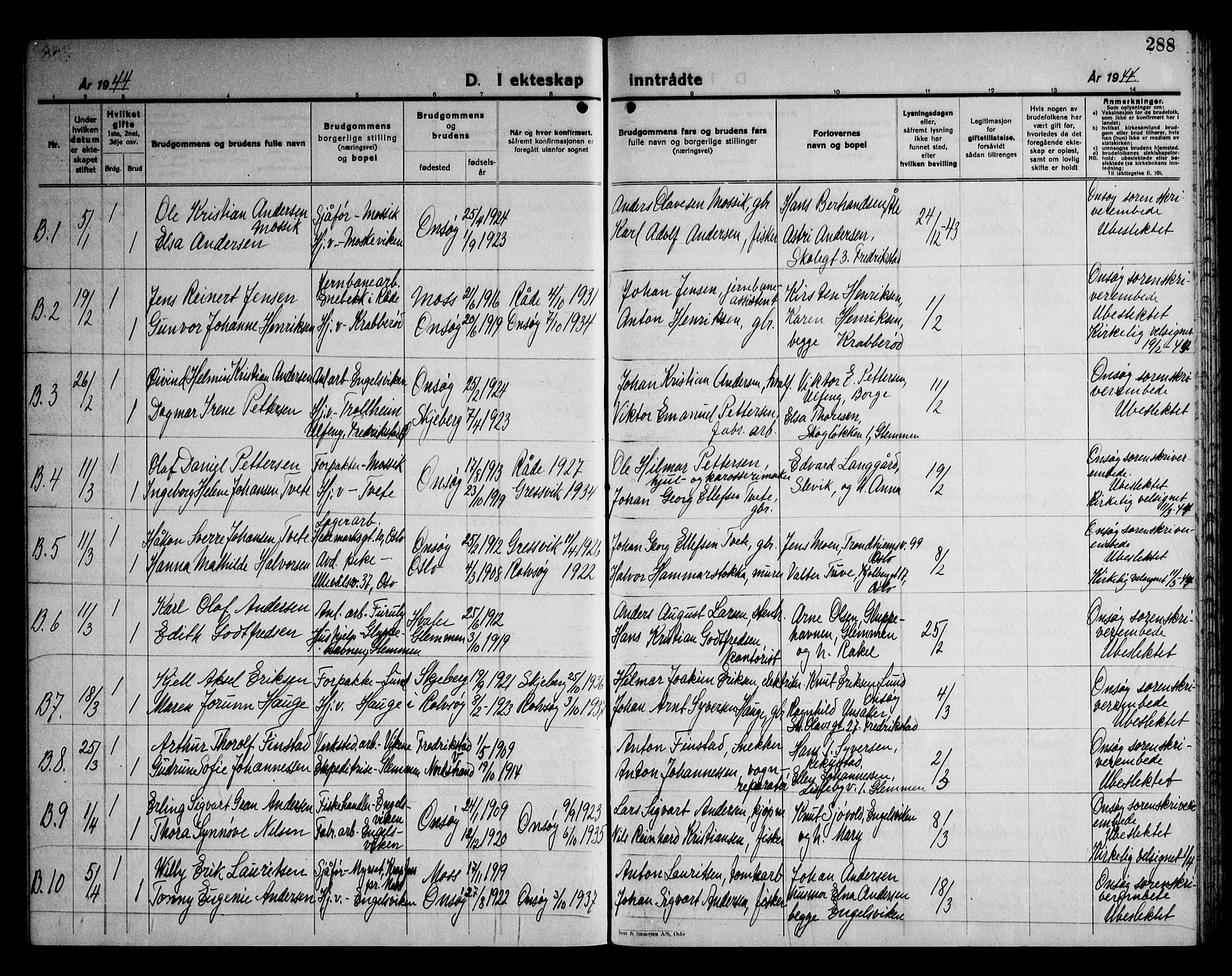 Onsøy prestekontor Kirkebøker, AV/SAO-A-10914/G/Ga/L0005: Klokkerbok nr. I 5, 1927-1948, s. 288