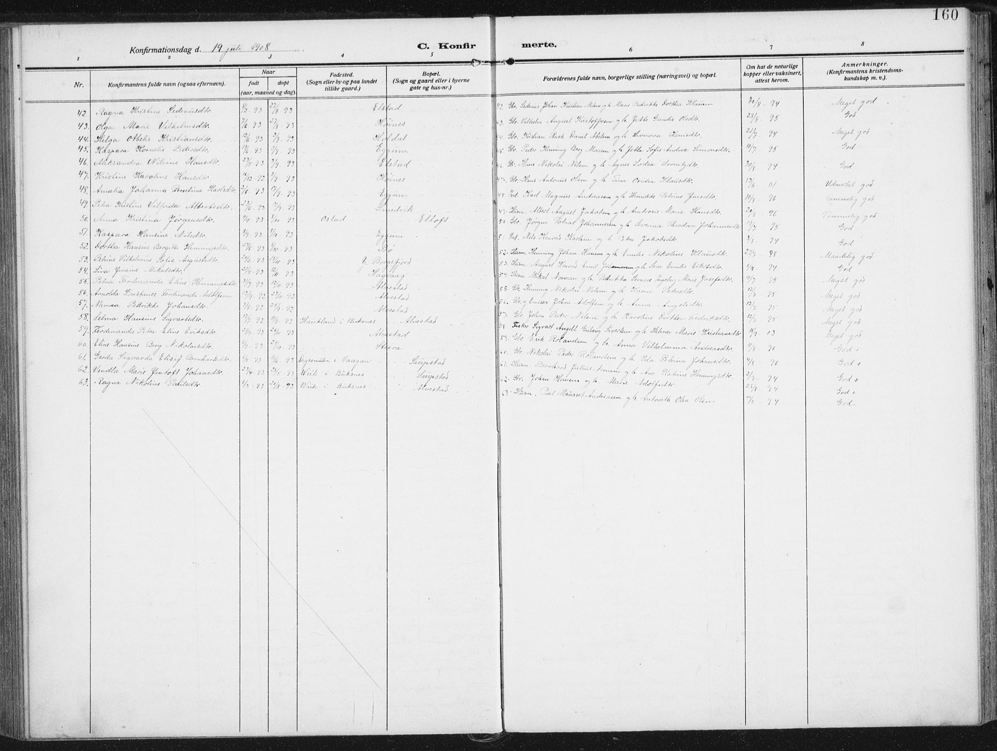 Ministerialprotokoller, klokkerbøker og fødselsregistre - Nordland, AV/SAT-A-1459/880/L1135: Ministerialbok nr. 880A09, 1908-1919, s. 160