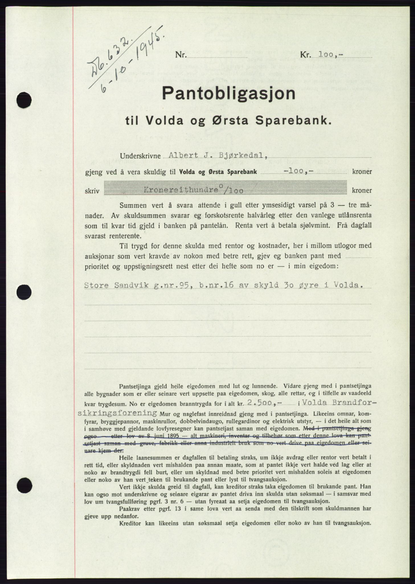 Søre Sunnmøre sorenskriveri, AV/SAT-A-4122/1/2/2C/L0114: Pantebok nr. 1-2B, 1943-1947, Dagboknr: 632/1945