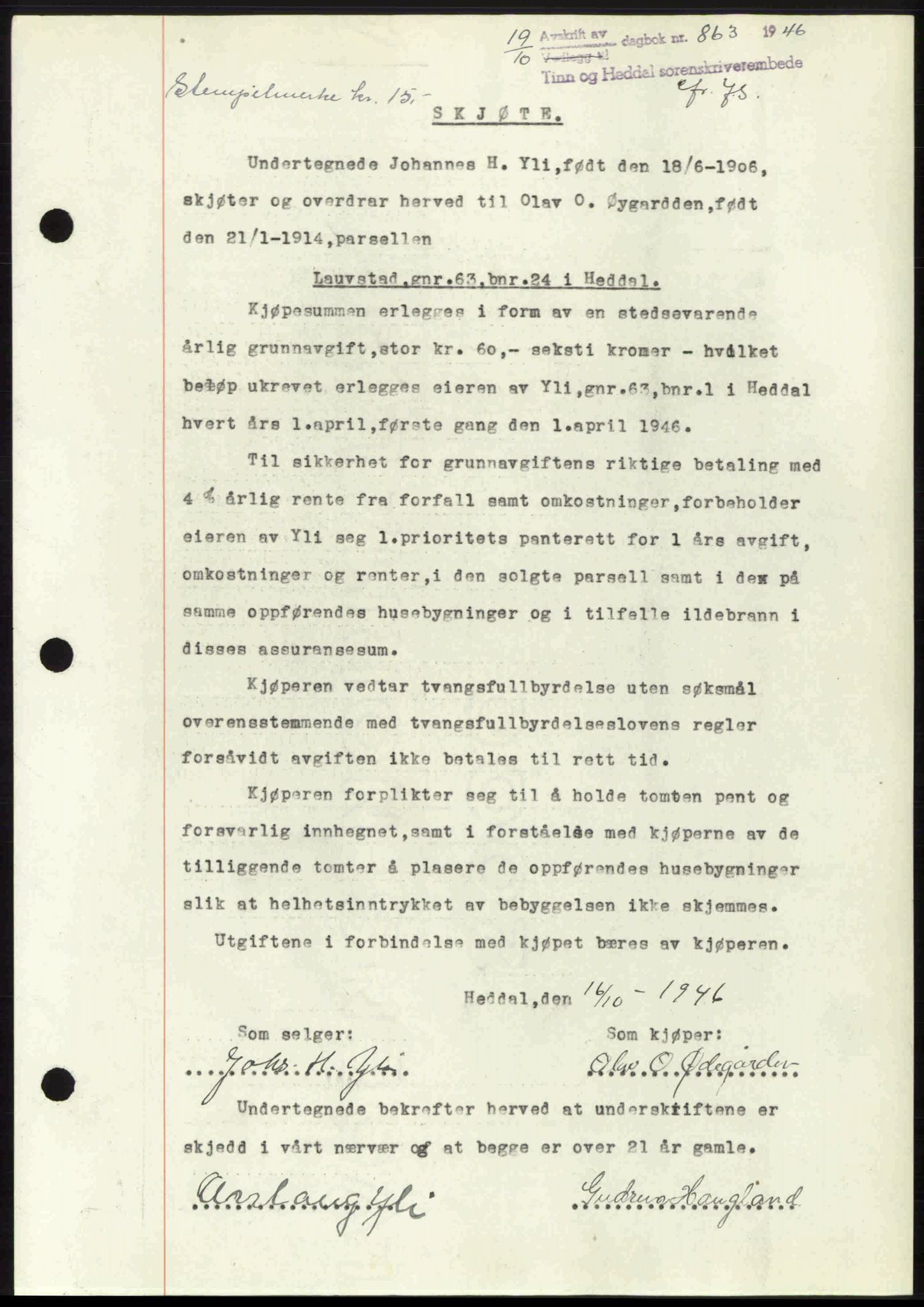 Tinn og Heddal sorenskriveri, AV/SAKO-A-212/G/Ga/L0009: Pantebok nr. 9, 1946-1946, Dagboknr: 863/1946